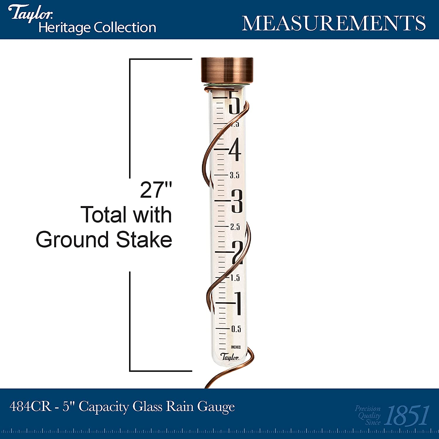 Taylor Precision Products Heritage 27" Tall Glass Rain Gauge, 5" Capacity, Copper