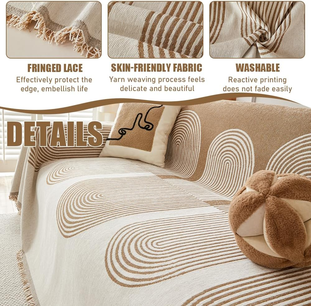 Chenille Sofa Cover, Easy-To-Wash Boho Couch Cover Blanket, Durable and Soft Sofa Protective Cover with Geometric Pattern, Multi-Use for Camping, Pet Mats, and Home Decor, 180X180 Cm (Beige) image number 6