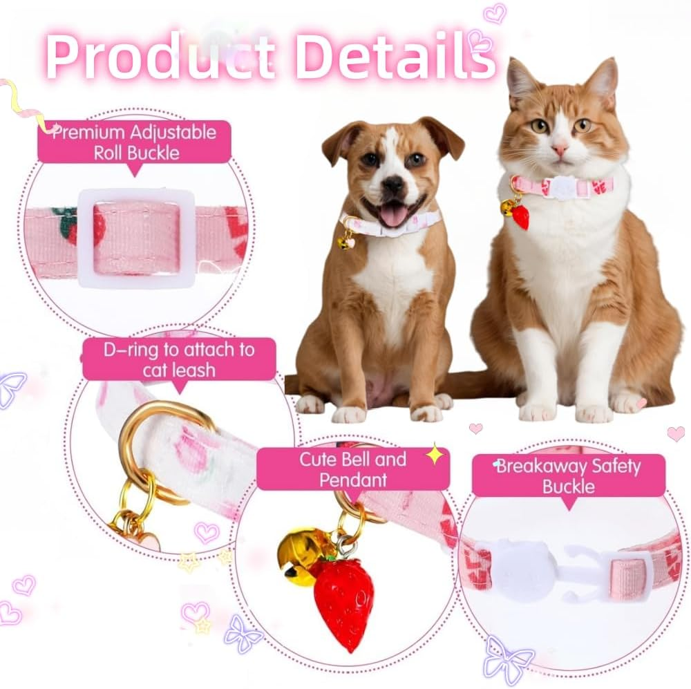Cotton Detachable Cat Collar, Pink Strawberry White Heart-Shaped Pendant, Cute Kitten and Bell Cat Collar 2-Piece Set image number 1