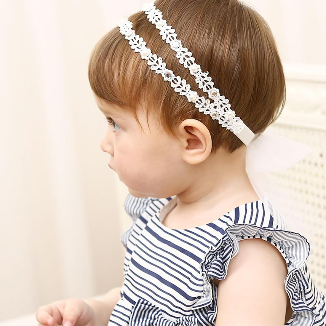 2Pcs Baby Girl Headbands White Stretchy Headband Double Lace Bowknot Hair Band Soft Baby Hairband Nylon Newborn Hair Accessories Baby Gifts for Newborns image number 5