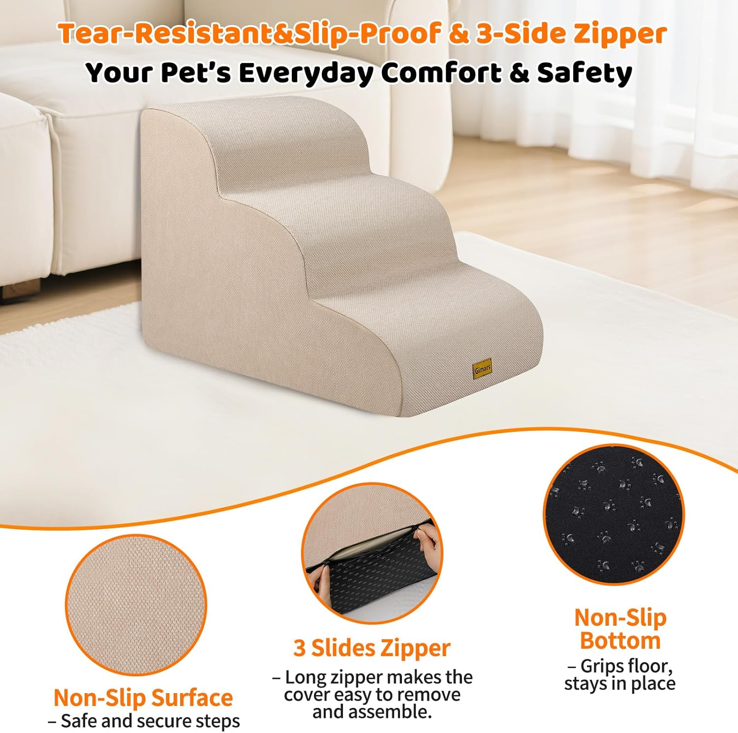 Gimars 3-Step Dog Stairs Beige