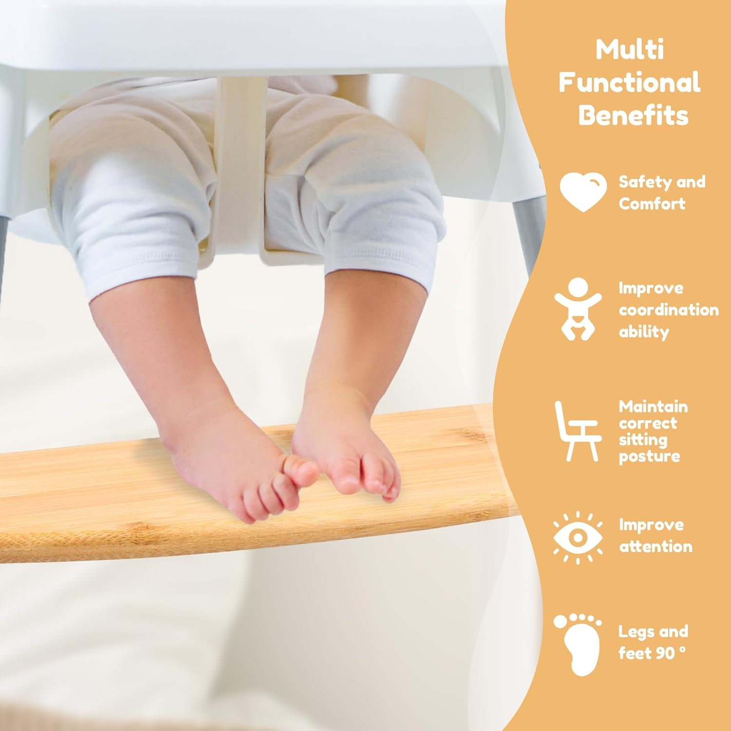 2 Pcs Bamboo High Chair Foot Height Adjustable High Chair Footrest with 2 Rubber Rings and Fixing Rings for Home Indoor Use image number 3