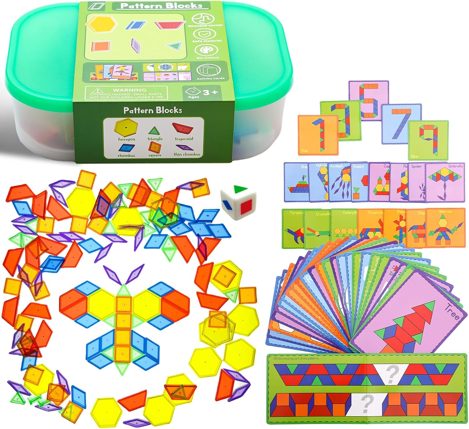 140 Pcs Translucent Pattern Blocks,Geometric Shapes,Translucent Toys,Light Table Accessories and Manipulatives,Includes 46 Activity Cards image number 1