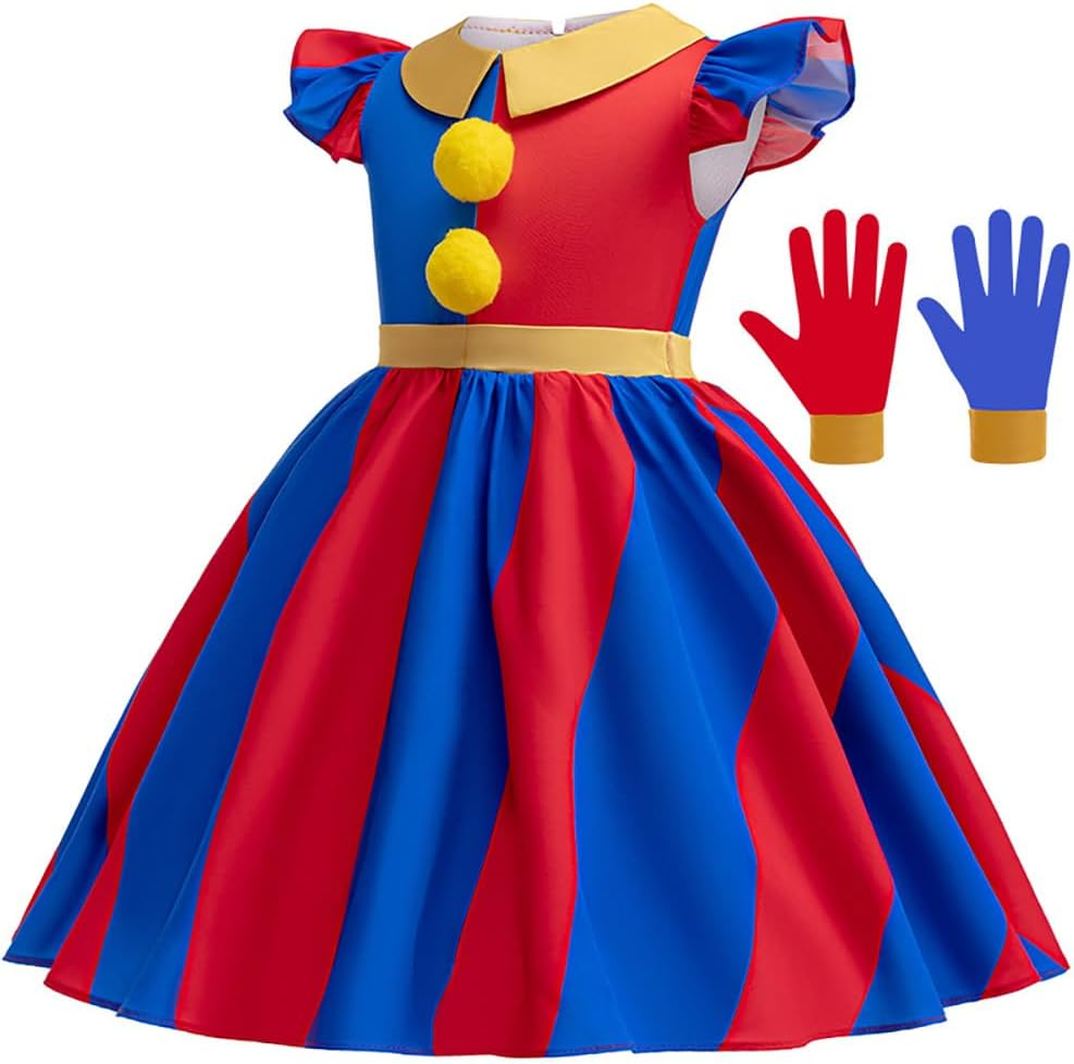 FYMNSI Kids Girls Halloween Costumes Circus Clown Cosplay Dress up Red Blue Striped Dress and Gloves Birthday Party Supplies image number 2