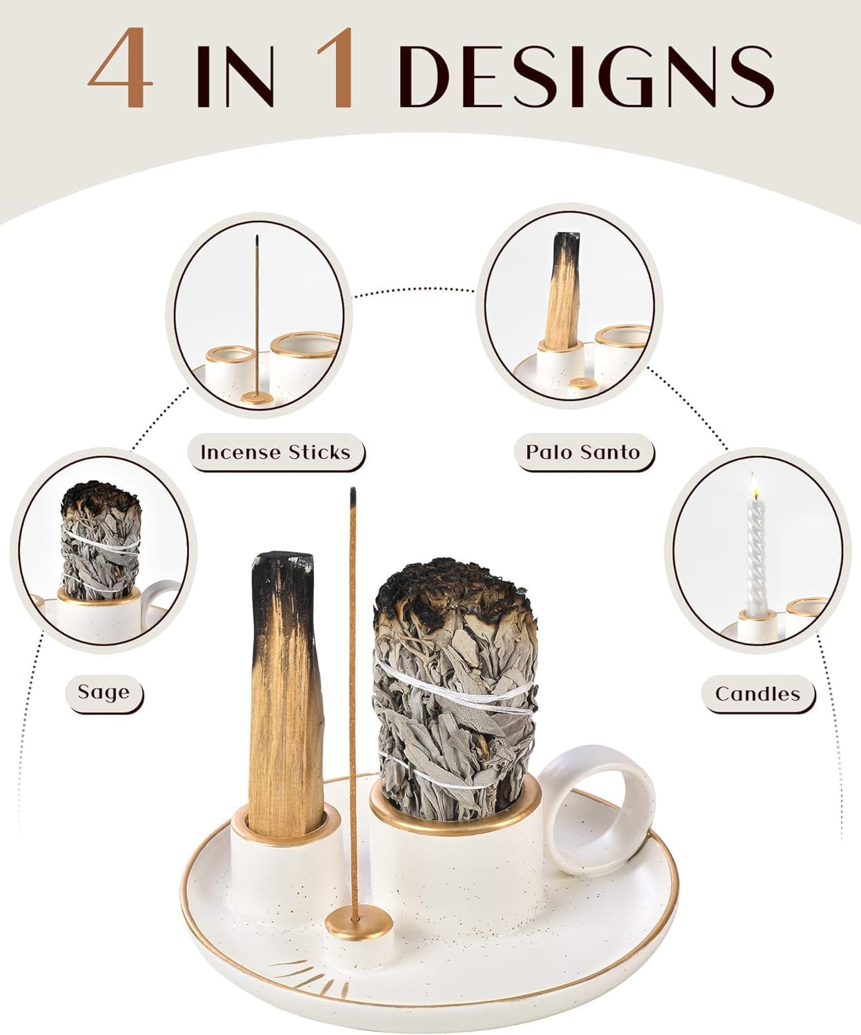 LIGHUFEIC Incense Holder,4-In-1 Palo Santo & Sage Incense Holder,5.9" Ceramic Burner with Handle, Ash Catcher Tray & White Candle Holder - for Meditation, Home Decor & Zen Gifts.