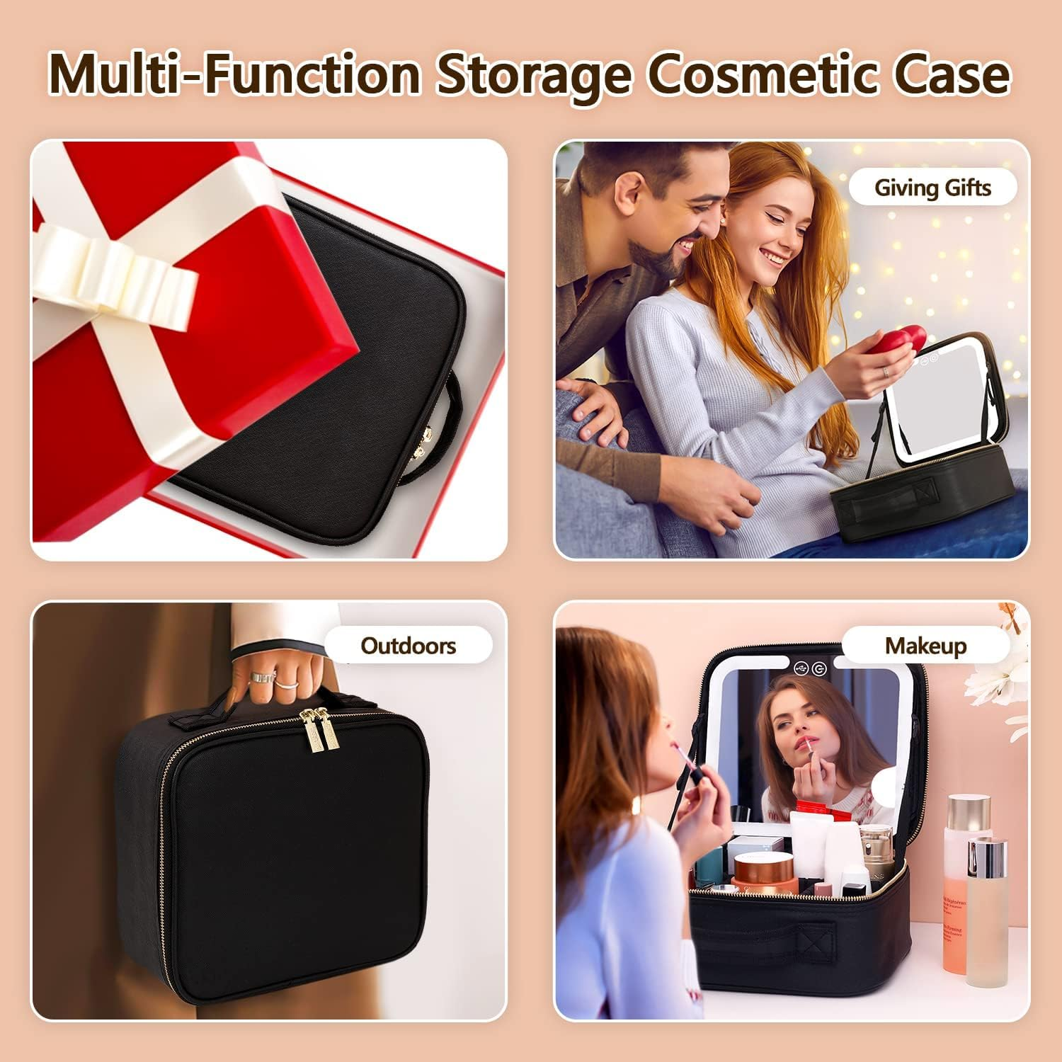 Travel Makeup Bag with LED Lighted Make up Case with Mirror 3 Color Setting Cosmetic Makeup Box Organizer Vanity for Women Beauty Tools Accessories Case Rechargeable, Black, Travel Makeup Bag