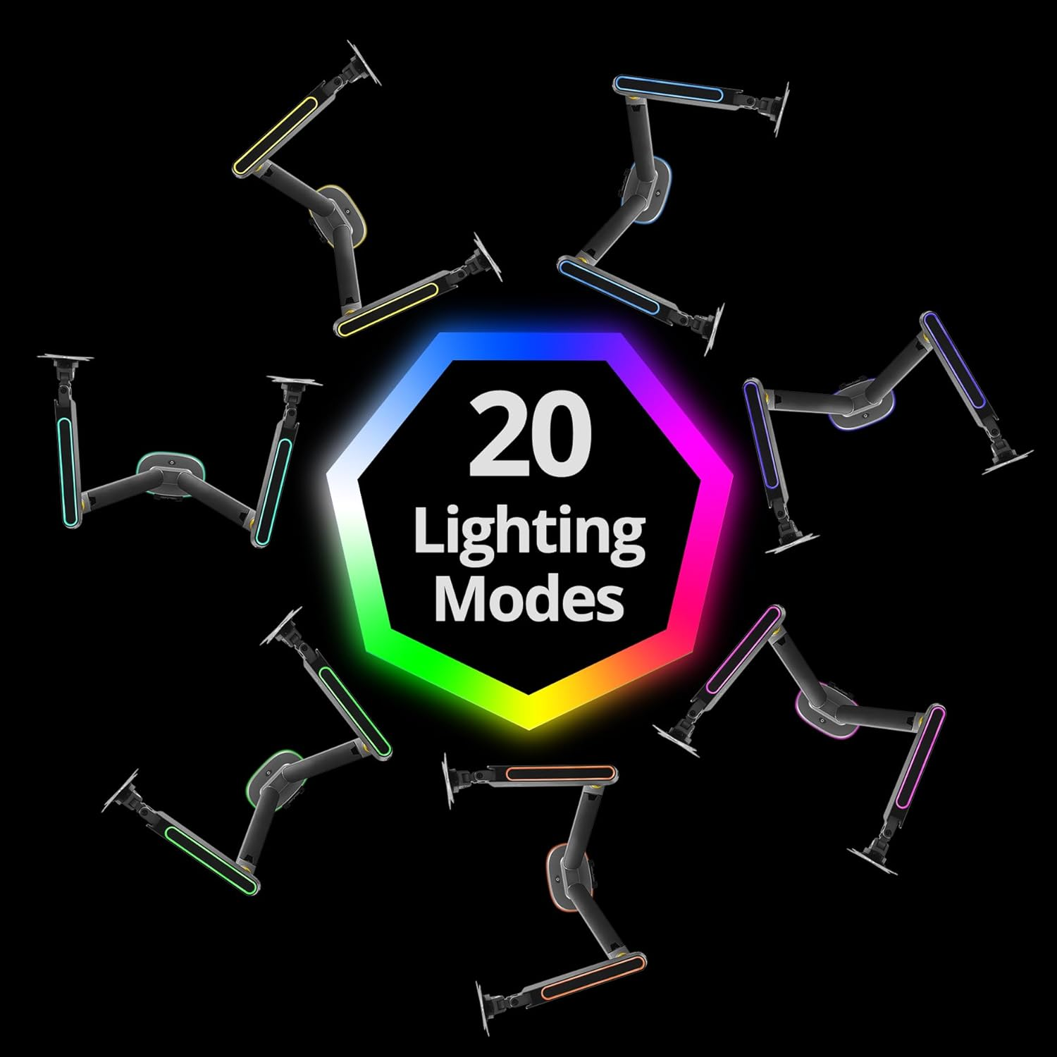 AVLT Dual RGB Gaming Monitor Arms Desk Mount, Fits 27&rdquo;-43&rdquo; Ultrawide Screens, 20 Lighting Modes with Touch Control, Adjustable Height, Swivel Tilt Rotation Stand - Dark Gray image number 6