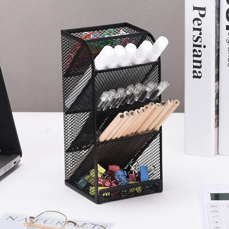 Modern Black Metal Mesh Angled Desk Organiser, 5-Compartment Stationery Drawer Organizer with Pen Holder image number 4