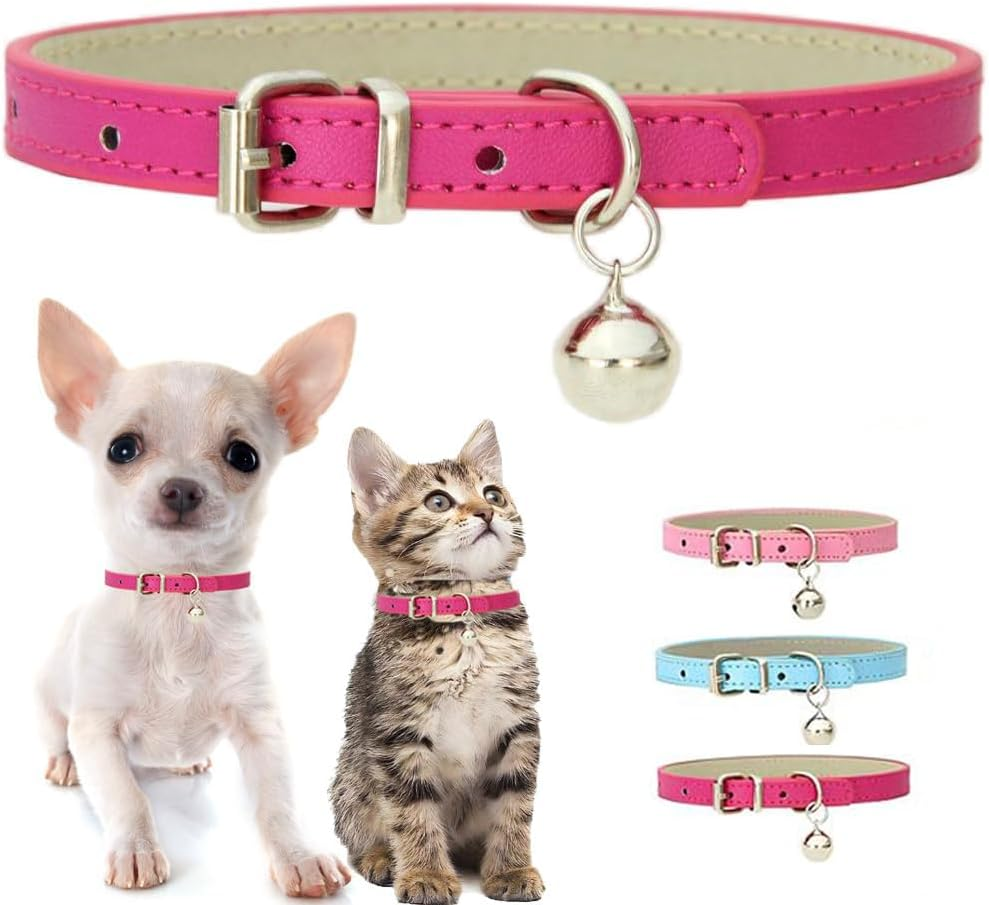 Pink XXS Cat Collar with Bell, Soft Pu Leather Puppy Collars Adjustable Buckle for XS Extra Small Medium Tiny Female Girl Pets Dogs Kitten Teacup Yorkie Xx-Small