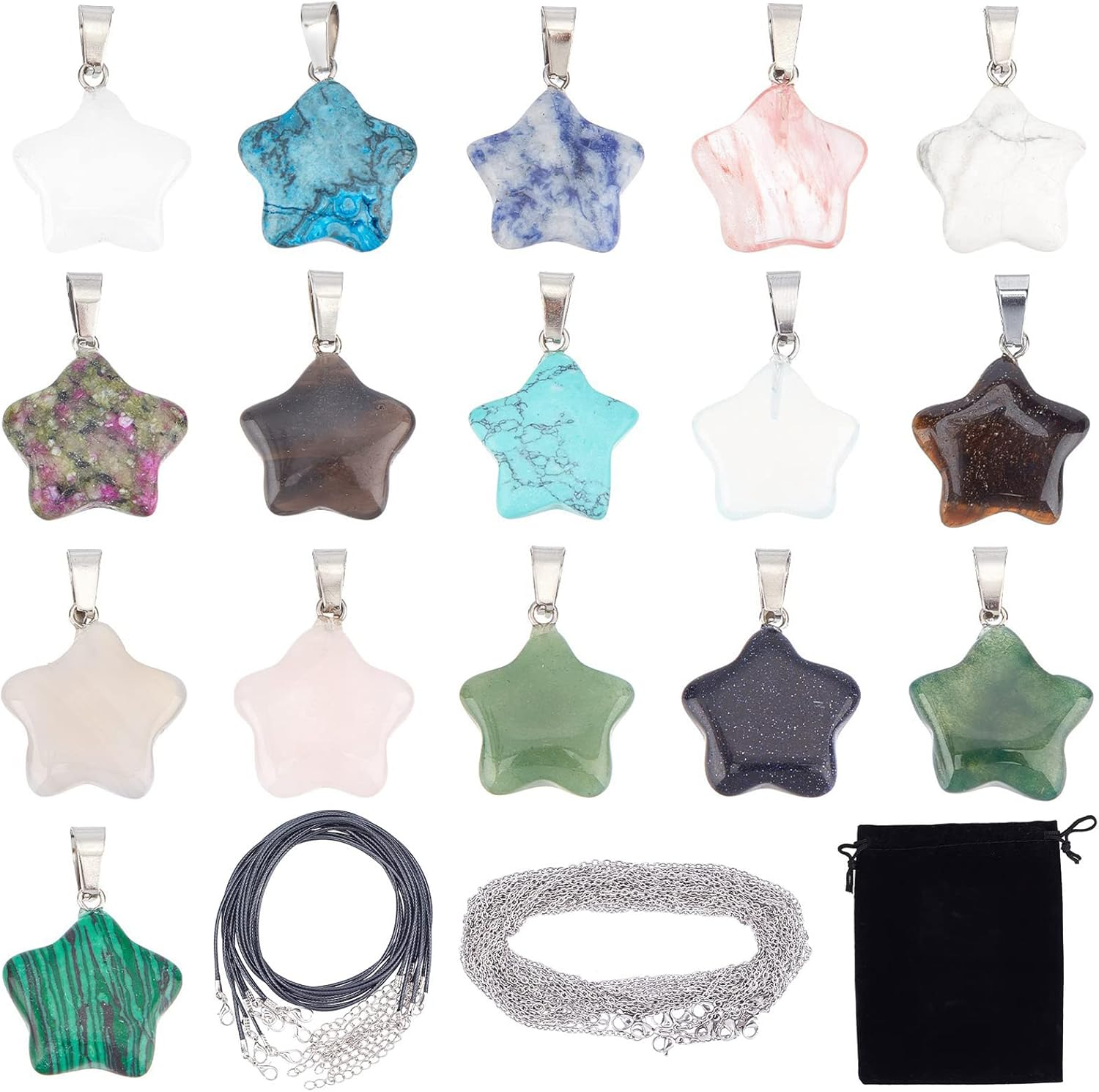 SUNNYCLUE 16 Styles Star Stone Charms Set Natural Energy Healing Crystal Mixed Stone Pendants Chakra Gemstone Beads Rose Quartz Tiger Eye with Waxed Cord Chains for Jewelry Making Crafts image number 1