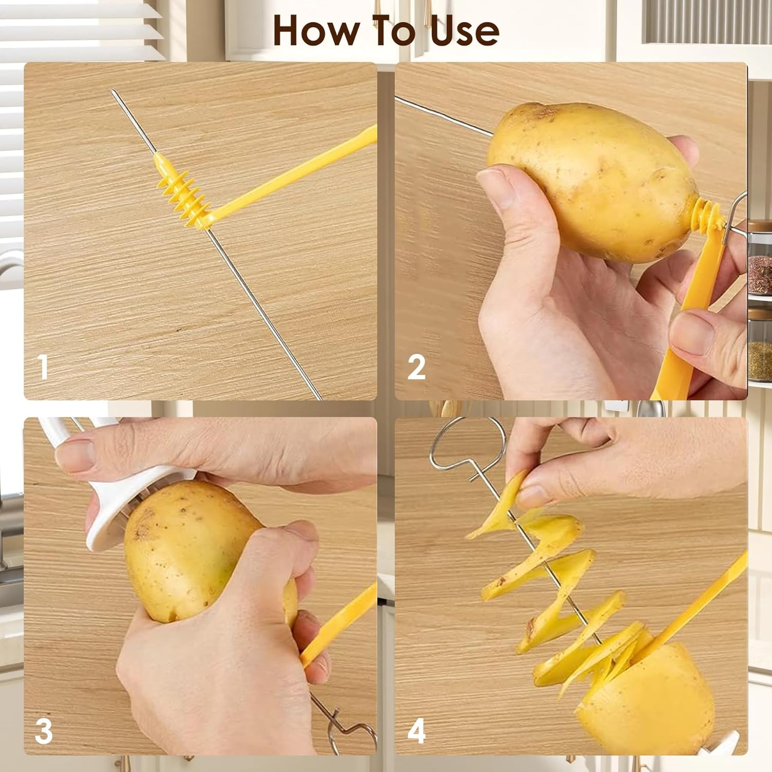 EKIND Tornado Spiral Potato Cutter Manual Slicer, Multi-Function Hand-Cranked Vegetable Spiralizer with 4 Stainless Steel Sticks, Smooth Handle, Anti-Slip Base, for Green Melon, Radish, Spiral Tower image number 4