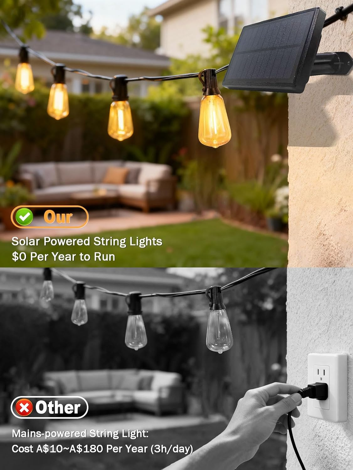 30M Solar Lights Outdoor Garden String, Festoon Lights Outdoor Solar Powered, 37+2 Shatterproof ST38 LED Bulbs, 3 Modes outside Solar Garden Light for Backyard, Patio image number 1