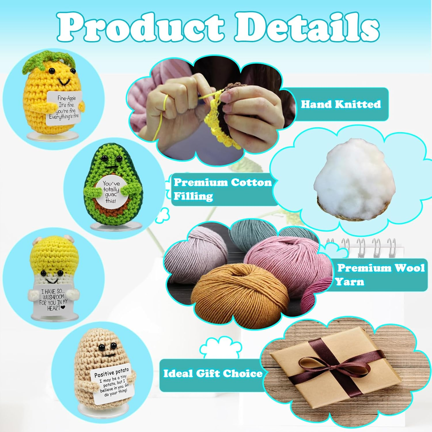 SZMDLX Positive Crochet Potato Mushroom Avocado Pineapple, 4PCS Emotional Inspirational Support Cute Stuff, Home Decoration, Funny Handmade Crochet with Positive Card, Encouragement Gifts for Friends image number 3