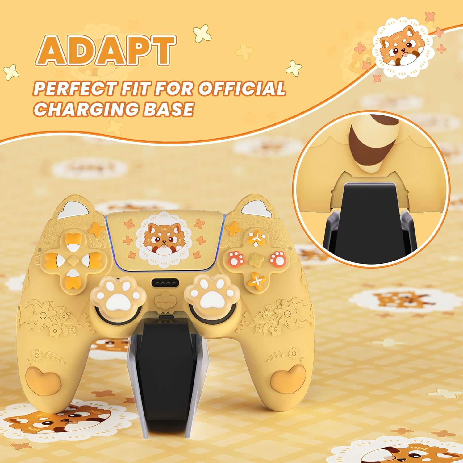 Playvital Cute Spring Lesser Panda Silicone Cover for Ps5 Controller with Joystick Cap and Sticker, Anti-Grip Shockproof Skin, Compatible with Charging Station, Warm Yellow image number 3