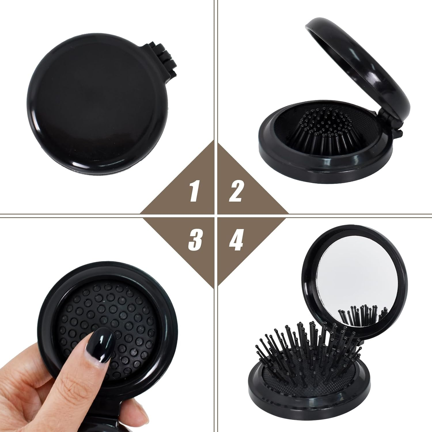 Pack of 2 Foldable Hair Brushes with Mirror, Foldable Hair Brushes with Travel Mirror, Round, Portable Bag, Hair Brush, Mini Hair Comb, Hair Massage Comb for Men, Women and Girls, Black + White image number 3