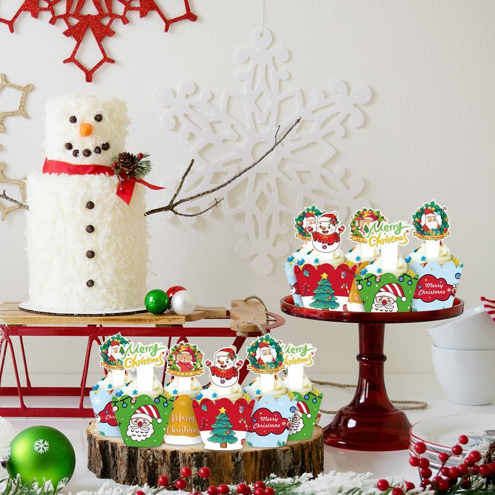 48 Pcs Christmas Cupcake Toppers and Wrappers, Christmas Party Decorations, Santa Claus Snowman Reindeer Christmas Tree Hand Cake Christmas Party Decorations Supplies image number 2