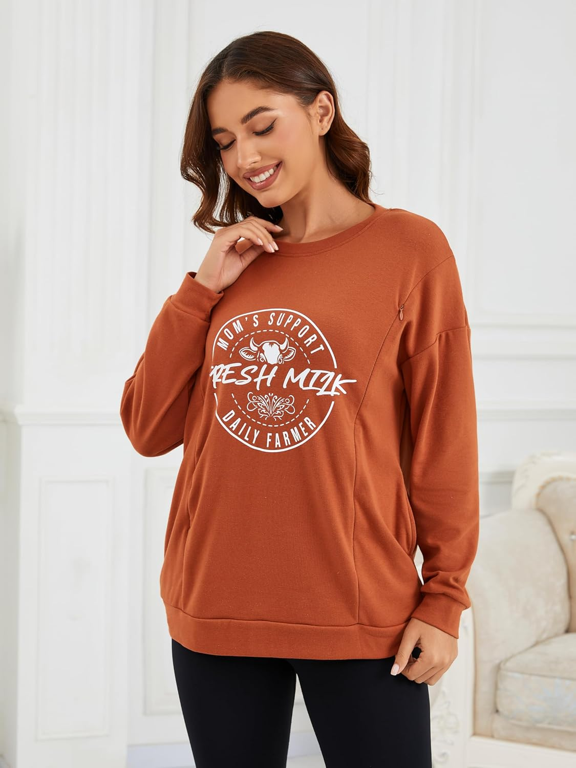 Liu & Qu Women'S Oversized Maternity Nursing Sweatshirt with Hidden Zippers Pullover Long Sleeve Breastfeeding Shirts image number 4