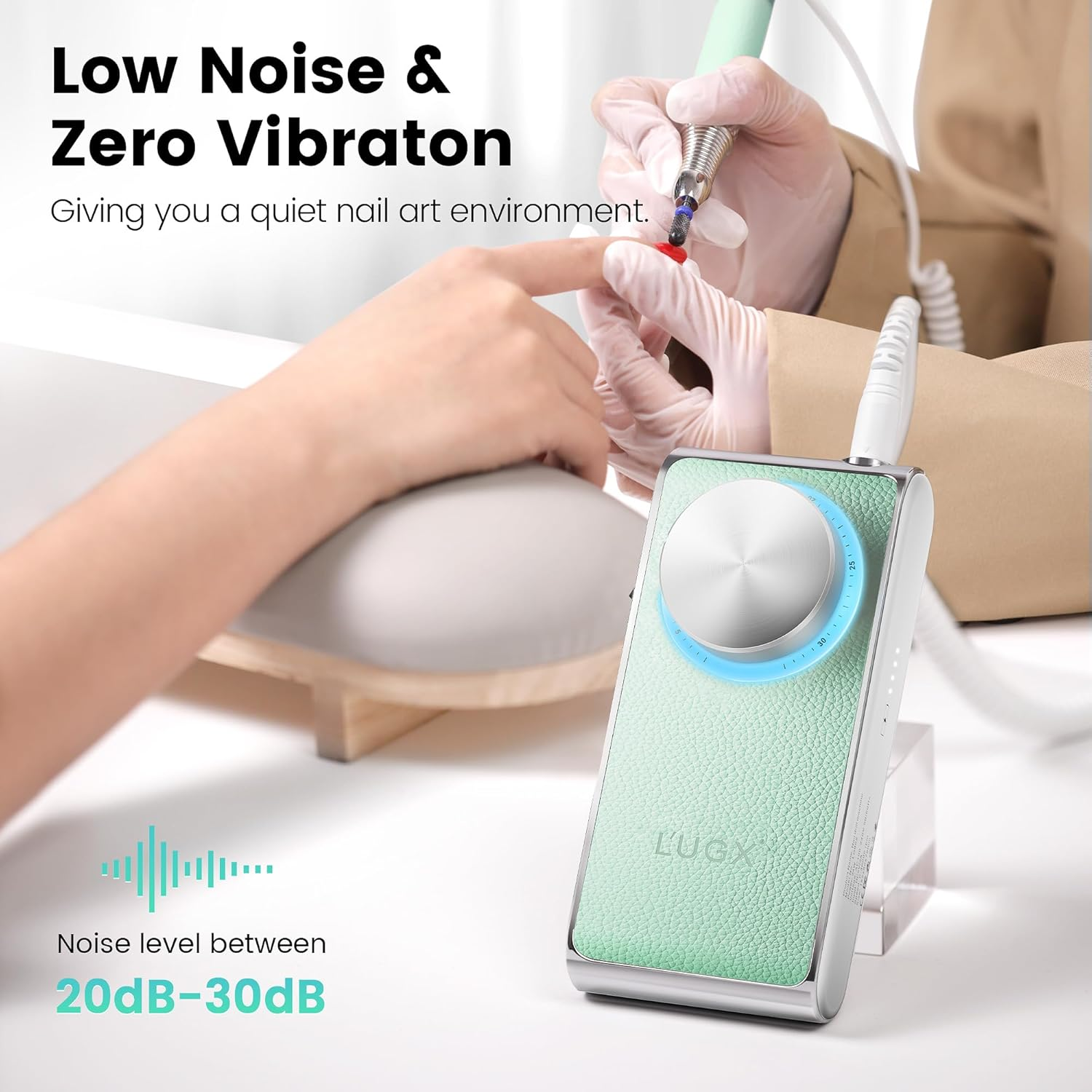 L'UGX Rechargeable Nail Drill Professional &ndash; Cordless Electric Nail File for Acrylic & Gel Nails 30000 RPM, Quiet & Smooth Efile for Manicure & Pedicure,Green image number 4