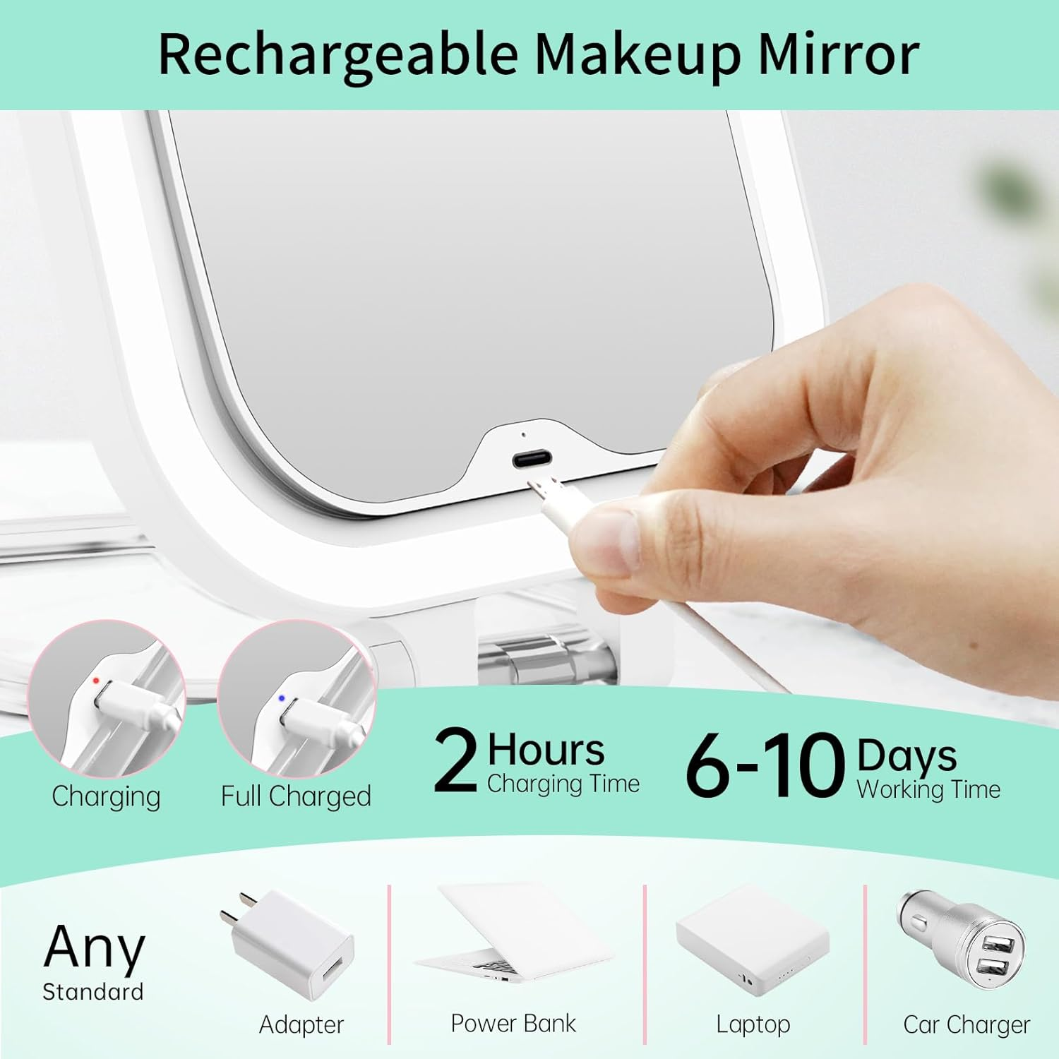 Famihomii Rechargeable Portable Cosmetic Mirror with 10X Magnification, Travel Mirror Illuminated with 3 Lighting Modes, 72 Leds, Makeup Mirror, Ultrathin, Portable for Makeup image number 3