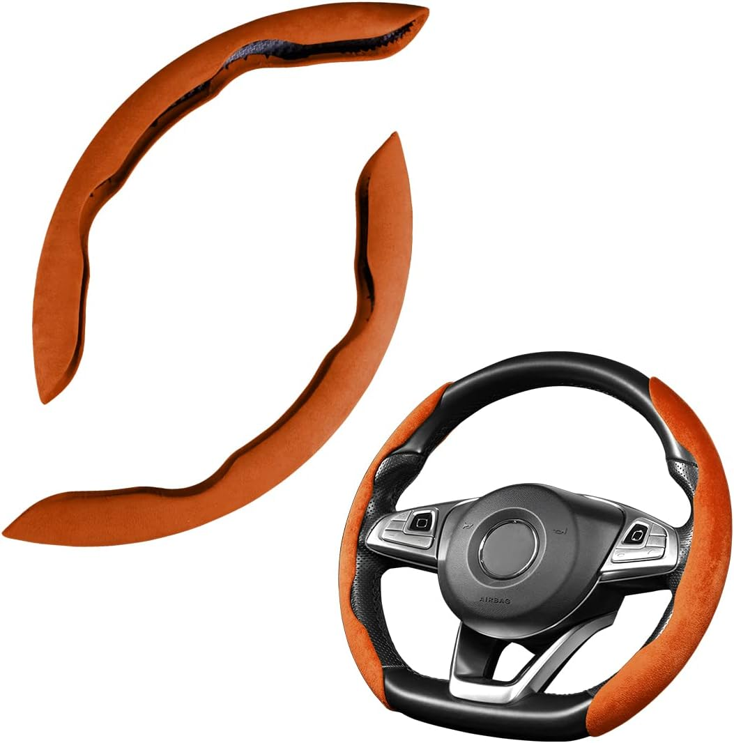 Car Steering Wheel Cover, Microfiber Suede Leather and Carbon Fiber Double Sided Design, Warm in Winter and Cool in Summer, Breathable Non Slip Segmented Protector for Most Cars (Turn Fur/Red)