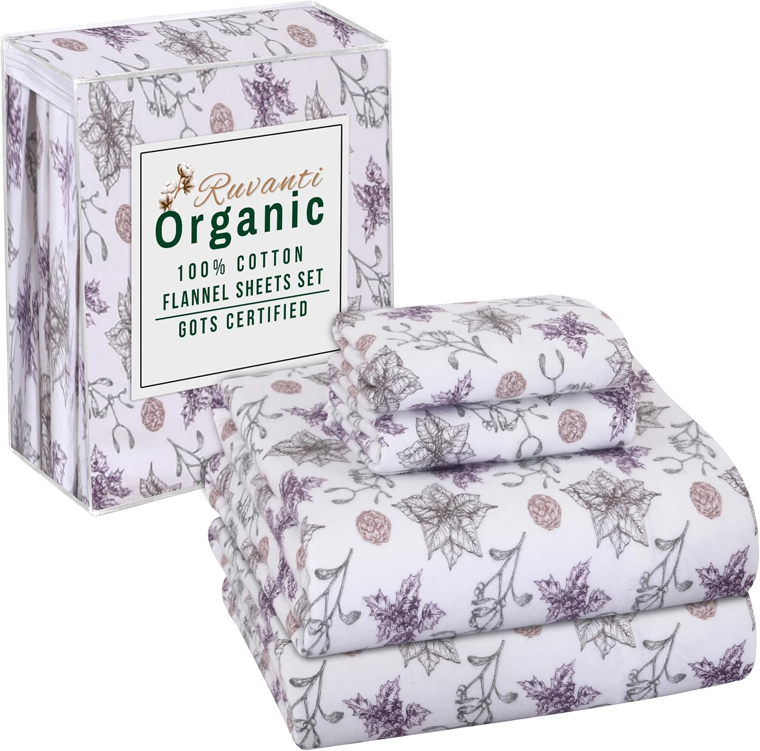 RUVANTI Organic Flannel Sheets Full Size - 100% Cotton Double Brushed Bed Sheet Set - Deep Pocket 16 Inches - All Seasons Breathable, Extra Soft, Warm & Cozy - 4 Pieces - Winter White