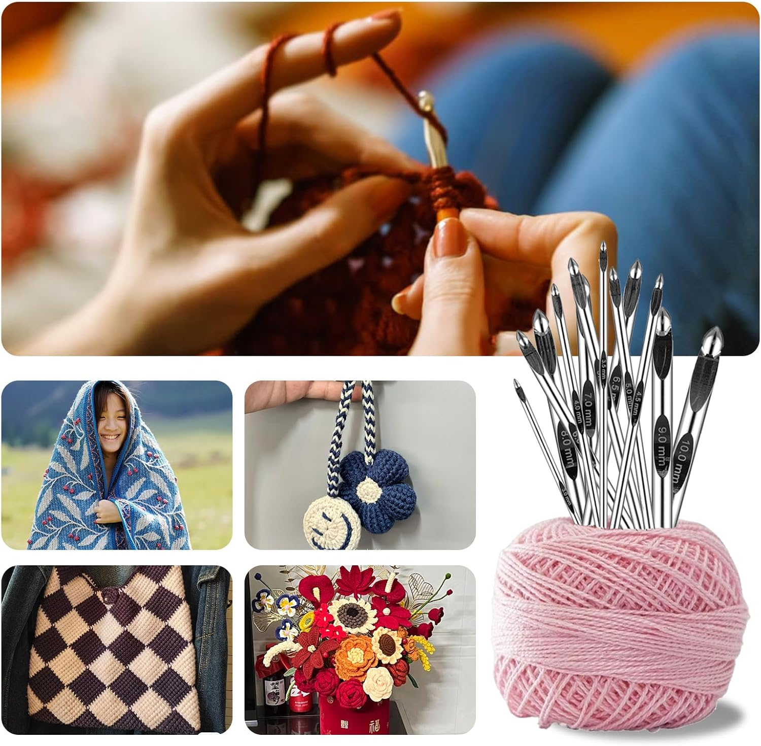 Tunisian Crochet Hooks Set with Cable 6-Inch Aluminum Interchangeable Crochet Hooks Set 3Mm-10Mm Long Crochet Hooks 26Pic (Pink) image number 2