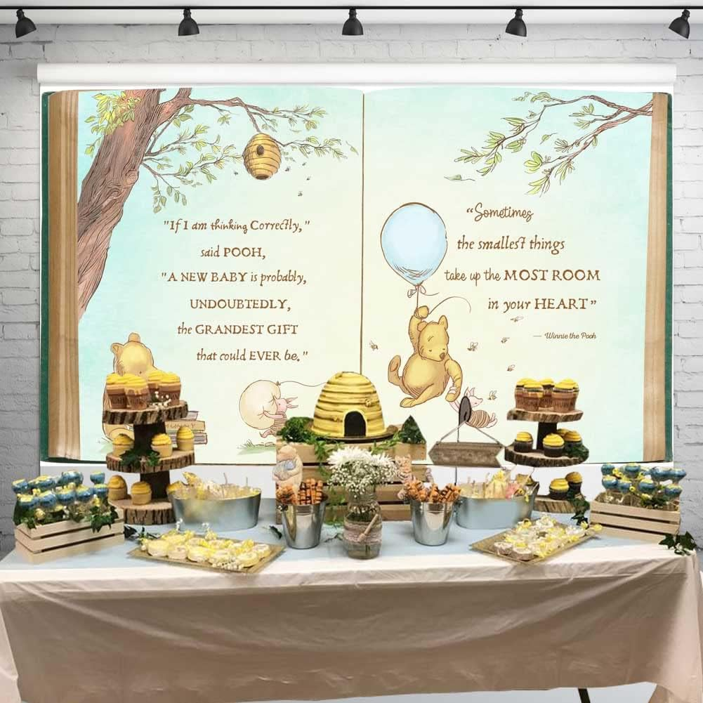 Claasic Pooh Bear Baby Shower Backdrop for Boy Retro Giant Book Spring Tree Vintage Background Newborn Quote Blue Yellow Tinge Banner 5X3 Ft 138 image number 1