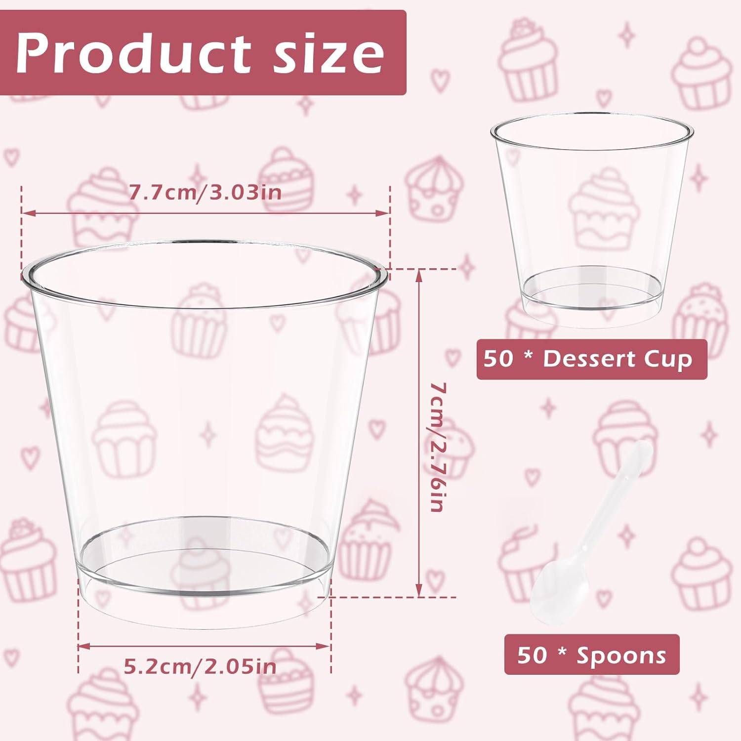 50Pcs Dessert Cups with Spoons, 200ML round Small Reusable Serving Bowl, Clear Plastic Parfait Appetizer Cup, Mini Tumbler Serving Cups for Dessert Pudding Mousse Yogurt Snacks Party image number 3