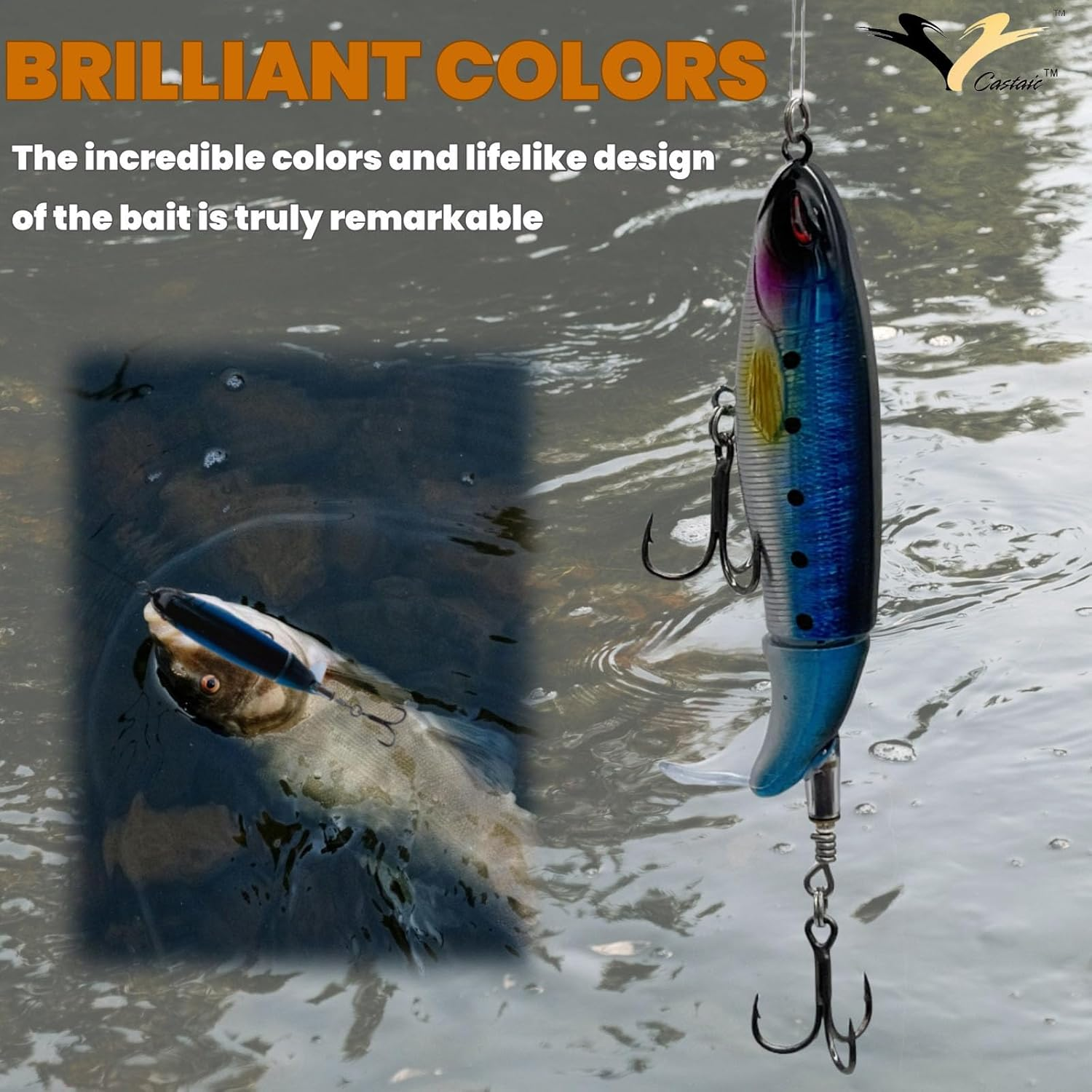 Castaic Topwater Fishing Lures Set Popper Lures for Bass Catfish Pike Perch Bass Lures with Floating Rotating Tail Artificial Hard Bait Multiple Colors - Dark Green image number 3