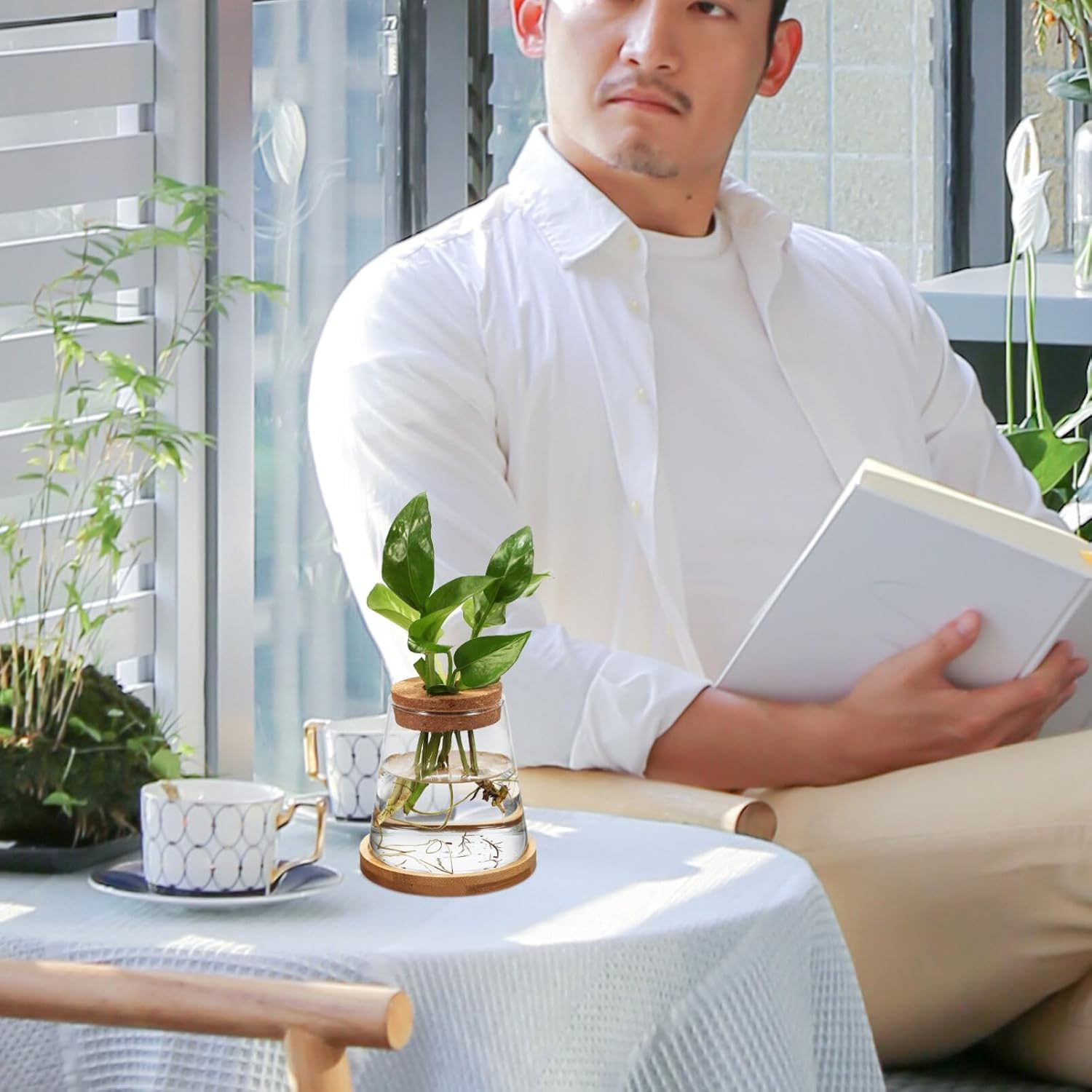 TOVINANNA 2Pcs Hydroponic Plants Terrarium with Cork Stopper and Base Glass Propagation Jars for Indoor Greenery Decor Elegant Water for Home Centerpiece image number 6