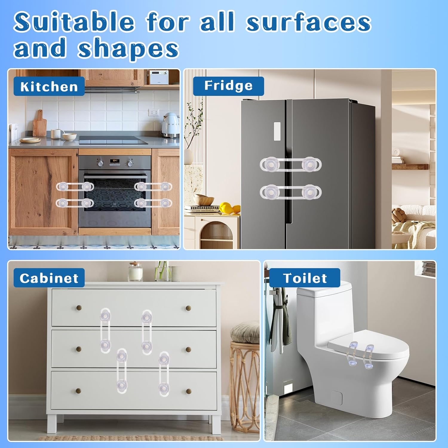 Child Safety Door Lock (14+6 Pack), Baby Proof Cabinet Latches Locks with 3M Self-Adhesive, with 6 Electric Outlet Pulg Covers, No Drilling, Kids Safety Cabinet Locks Straps Drawer Locks image number 1