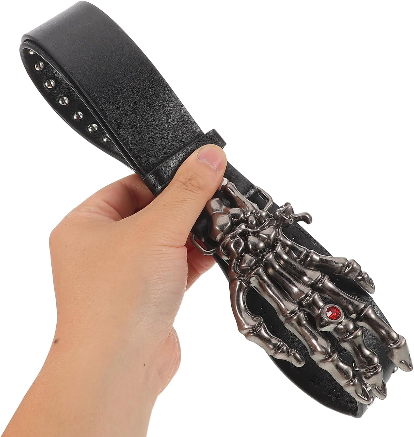 GLSTOY Black Studded PU Leather Belt with Skull Buckle Unisex Punk Rock Rivet Waistband for Women Men Adjustable Faux Leather Skeleton Waist Belt for Costume and Nightlife