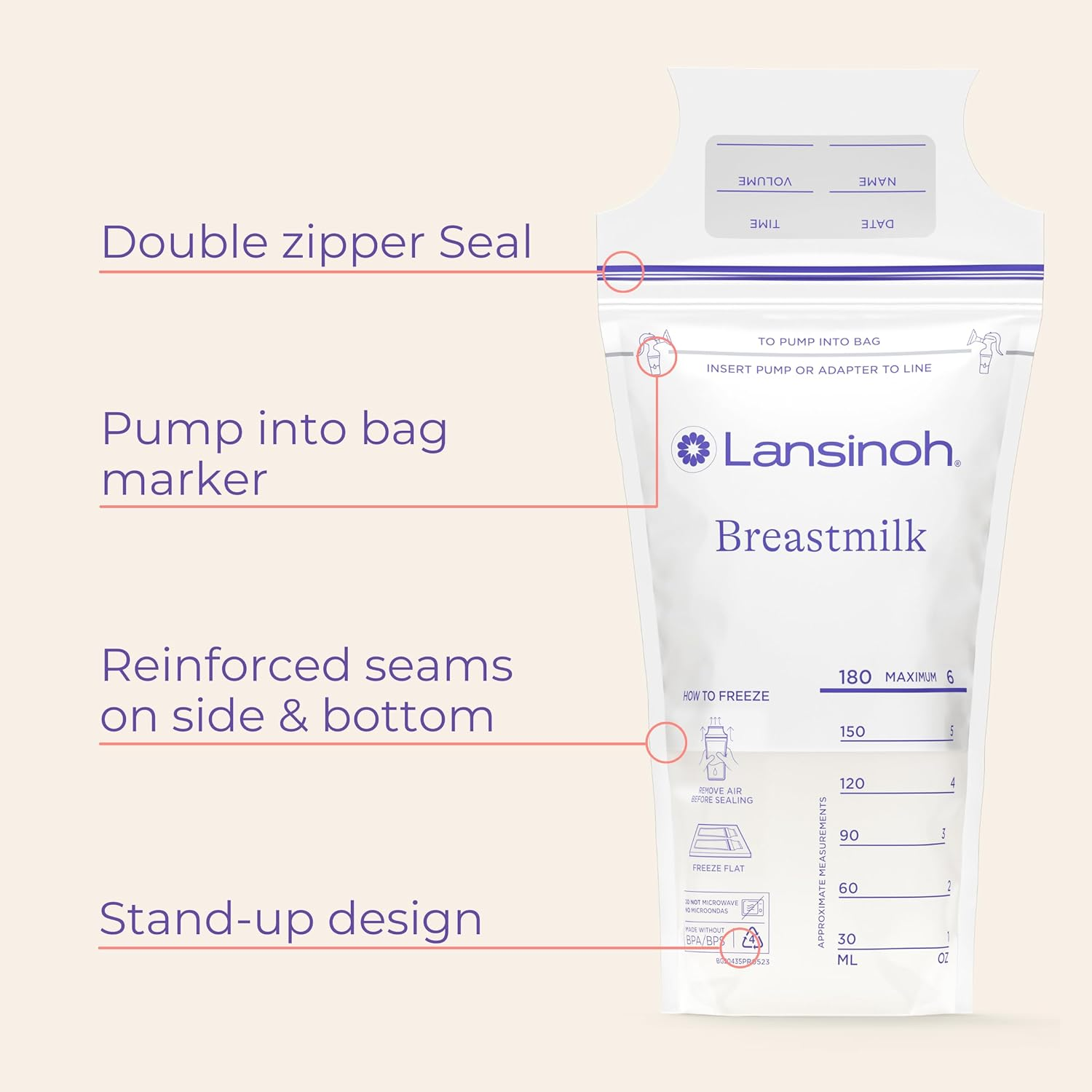 Lansinoh Breastmilk Storage Bags with Pump Adapters for Bags, 50 Count