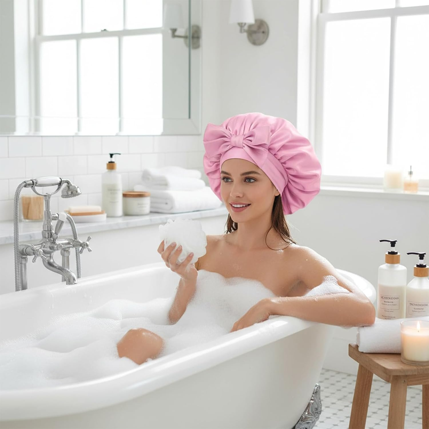 Sdhgerh Set of 2 Satin Sleep Caps, 2 Satin Hair Bands, Adjustable Silk Cap, Breathable Night Sleeping Cap for Women and Girls (Black, Pink) image number 4