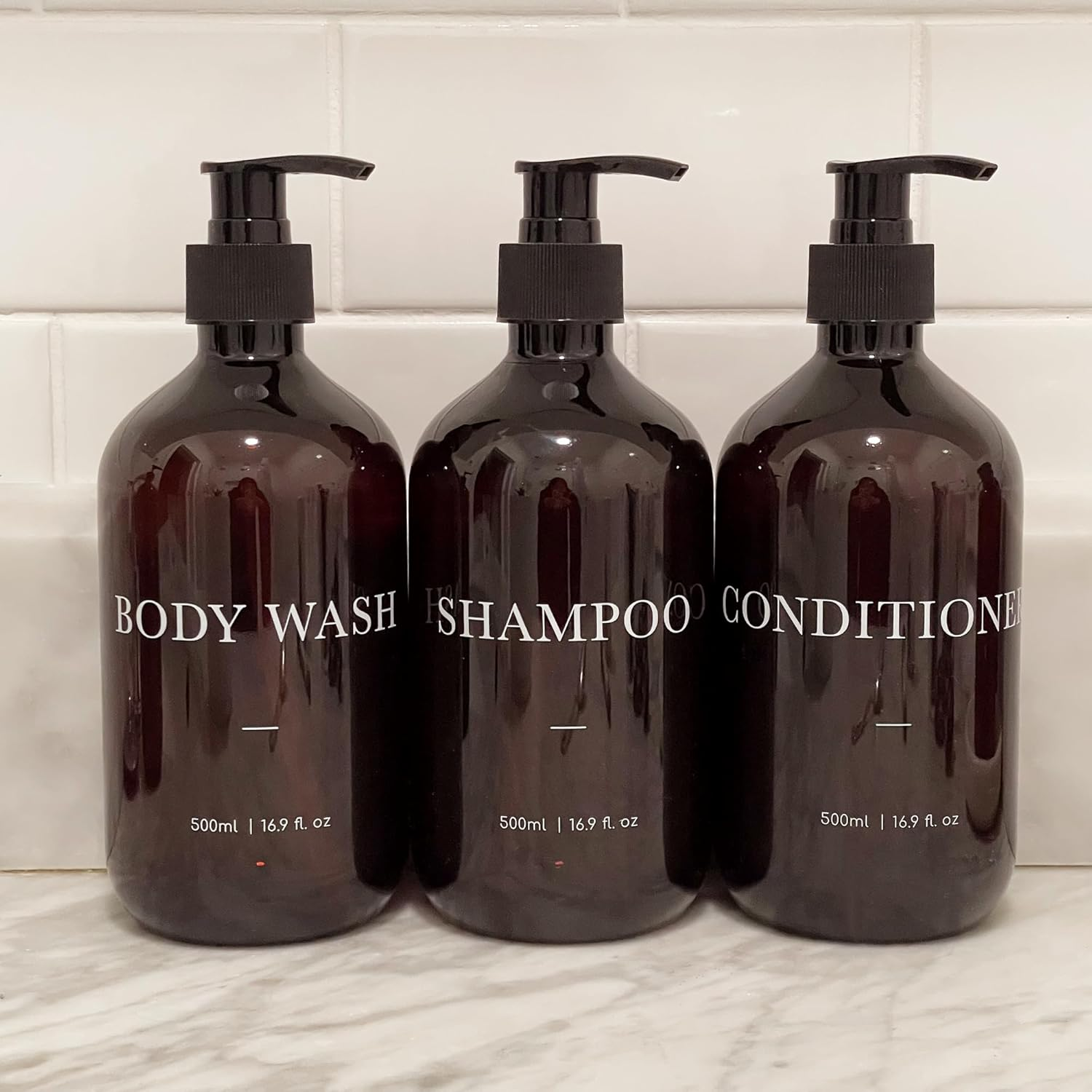 3 Piece AMBER 500Ml Bathroom Refillable Pump Bottles - Shampoo, Conditioner, Body Wash Refillable Bottles - UV Printed, Bpa-Free Brown Bottles with Black Pump - 500Ml | 16.9 Fl. Oz. image number 6
