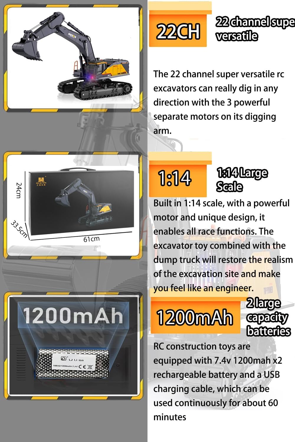 Remote Control Excavator Toy 1/14 Scale RC Excavator,22 Channel Metal Shovel RC Construction Vehicles RC Truck with Metal Shovel and Lights Sounds,Boy Toys 8+ Years Old Boys Adults image number 2