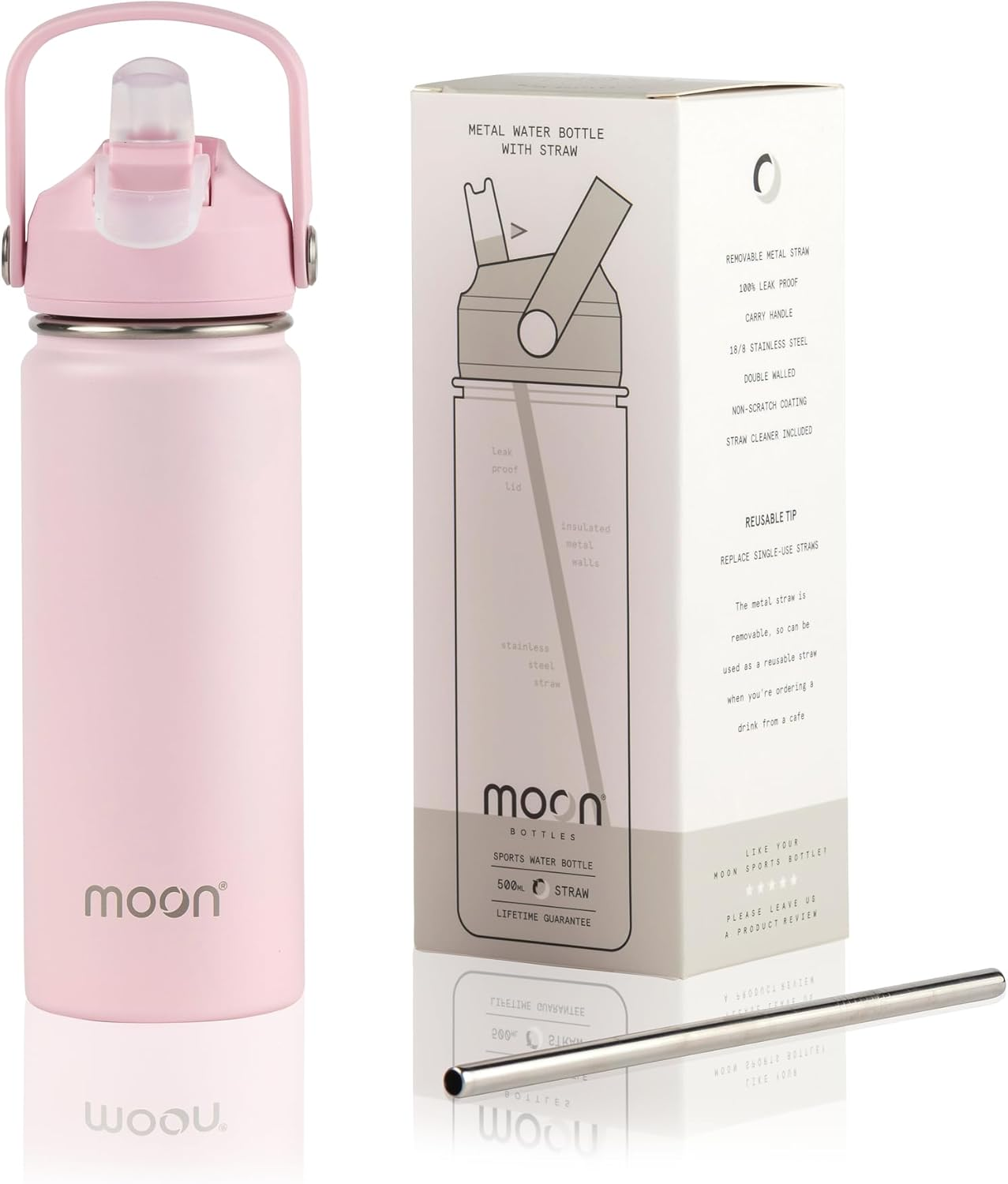Moon Bottles - Insulated Water Bottle with Straw - Stainless Steel Sports Drink Bottle, Thermal Flask, 24Hr Cold, 12Hr Hot, Double Walled, Metal Straw, Silicon Spout, Australian Company (500Ml, Black)