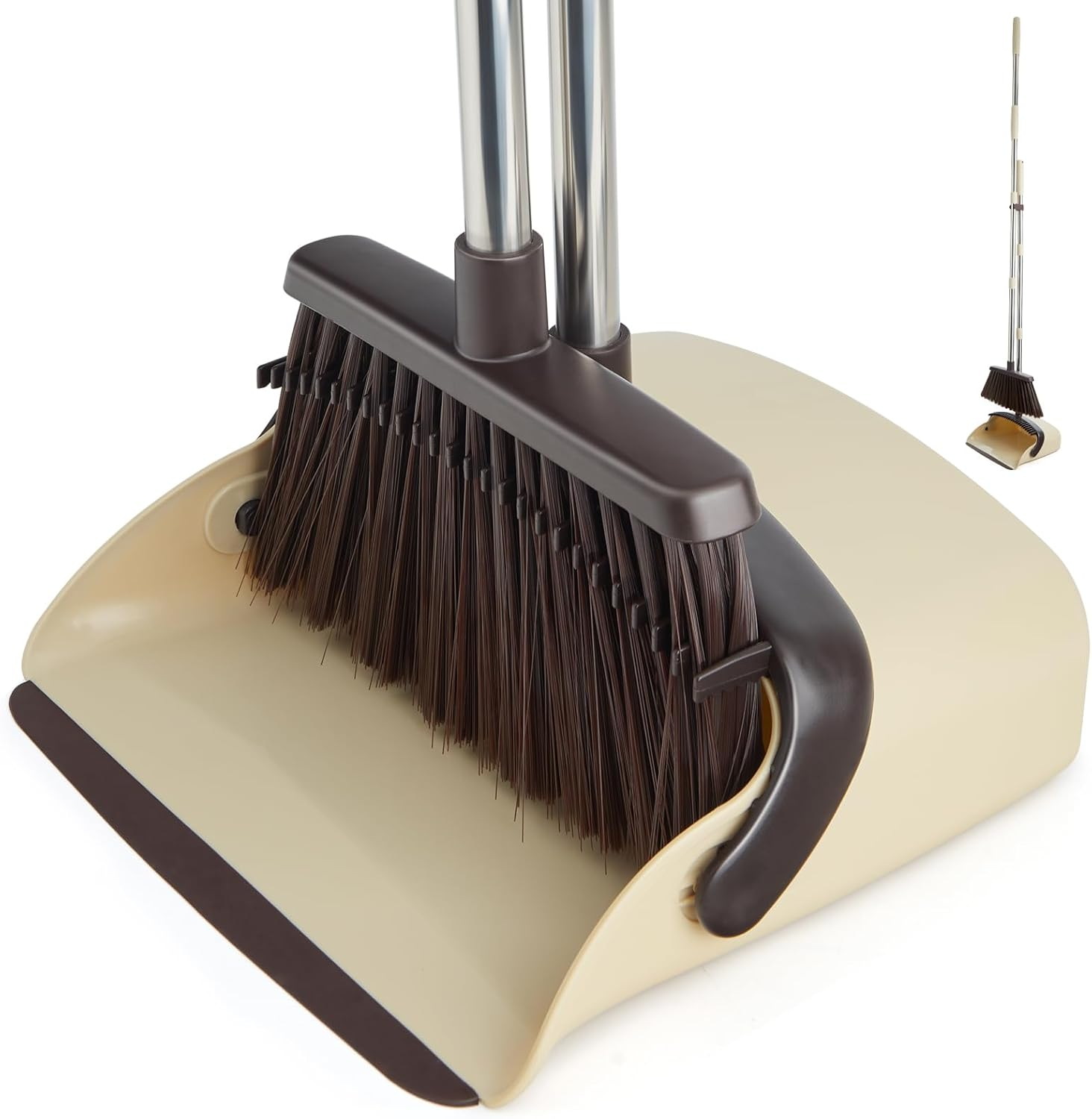 XXFLOWER Long Handle Dustpan and Brush Sets, Broom and Dustpan Set with Comb Teeth, Sweeping Brush Set for Indoor Kitchen Lobby Office Sweeping Pet Dog Hair, Household Cleaning Supplies (Brown Beige)