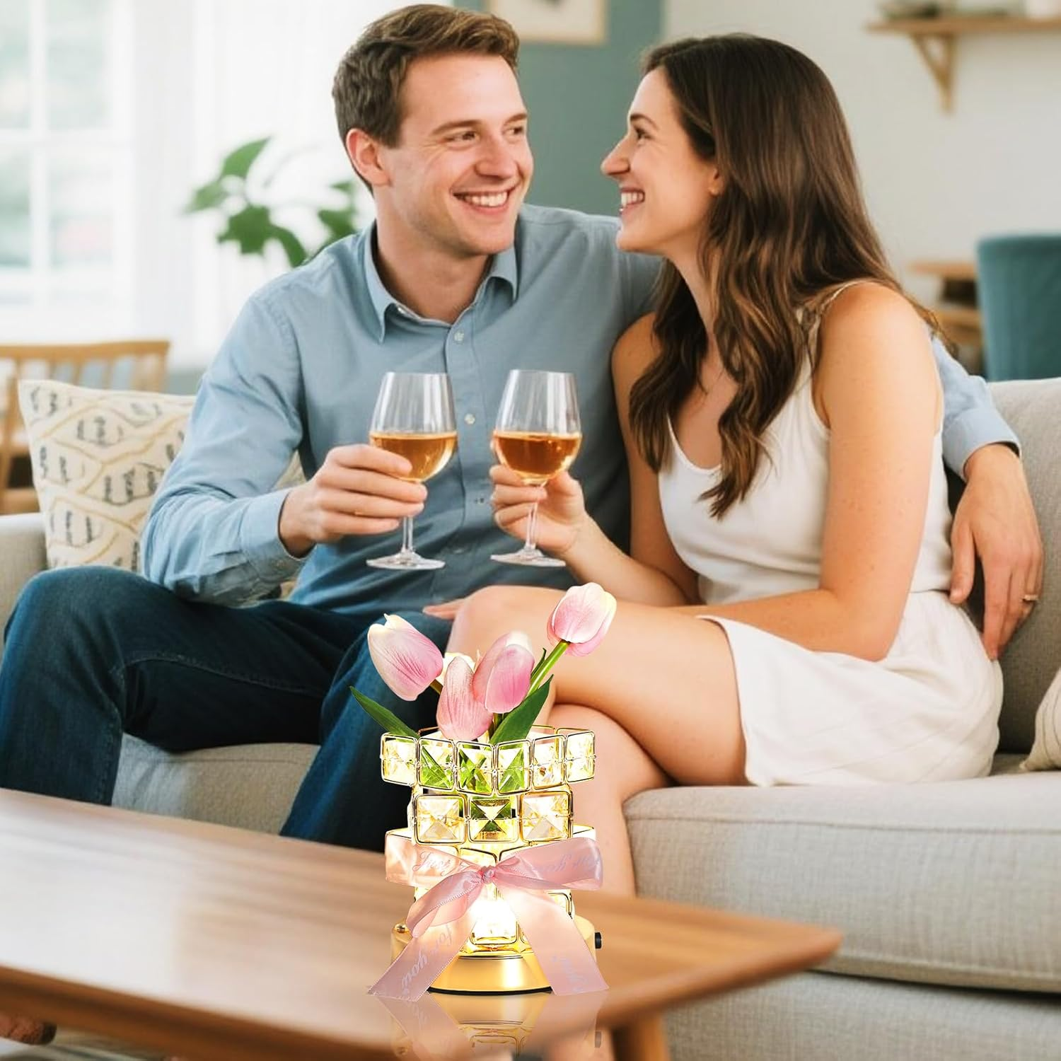 Tulips Flower Lamp,3 Colors Dimmable Crystal Pink Tulip Night Light,Rechargeable Cordless Flowers Table Lamp,Living Room Bedroom Mood Lighting Home Decoration Birthday Gifts for Women Mom (Tulip) image number 2