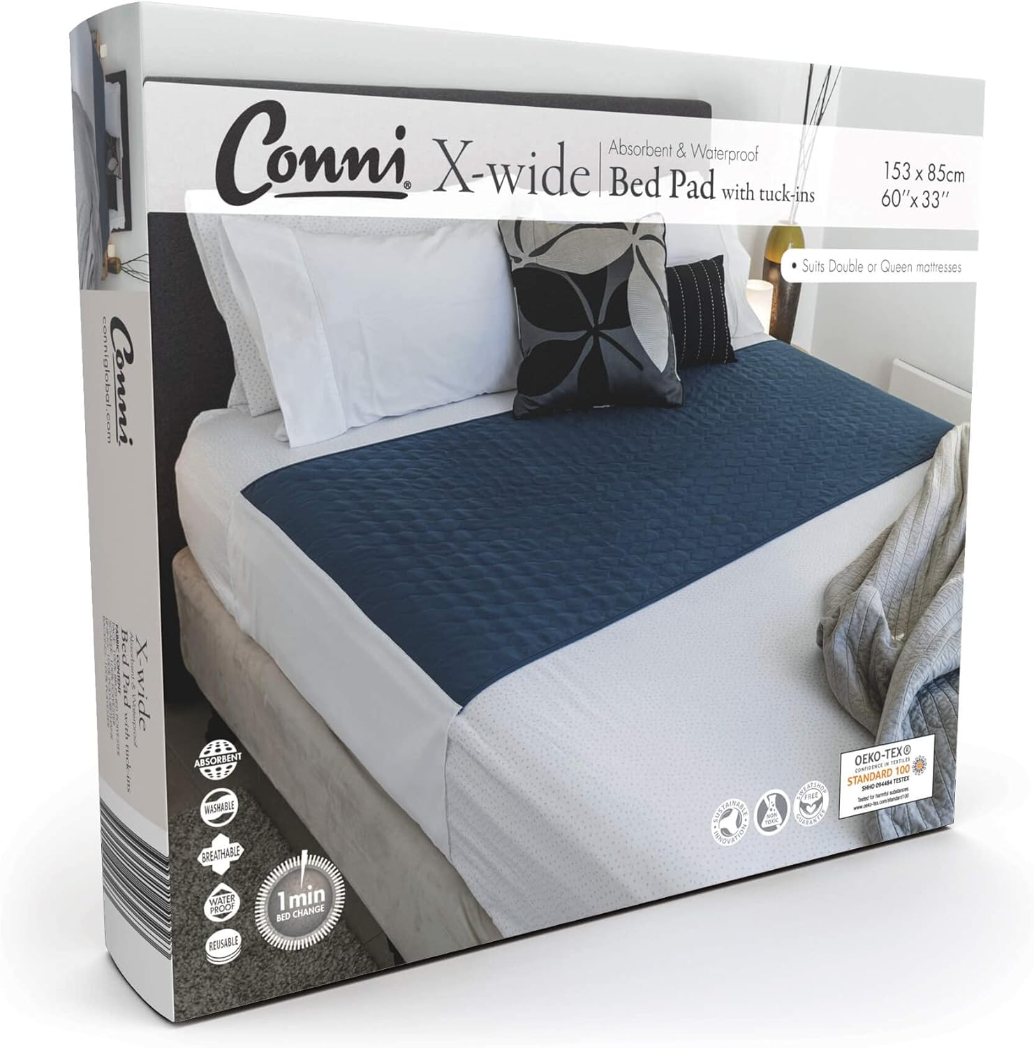 Conni X-Wide Reusable Bed Pad with Tuck-Ins, Absorbent, Waterproof and Washable Protector Pad for Incontinence, Bed Wetting and Perspiration, White, 153 X 85 Cm