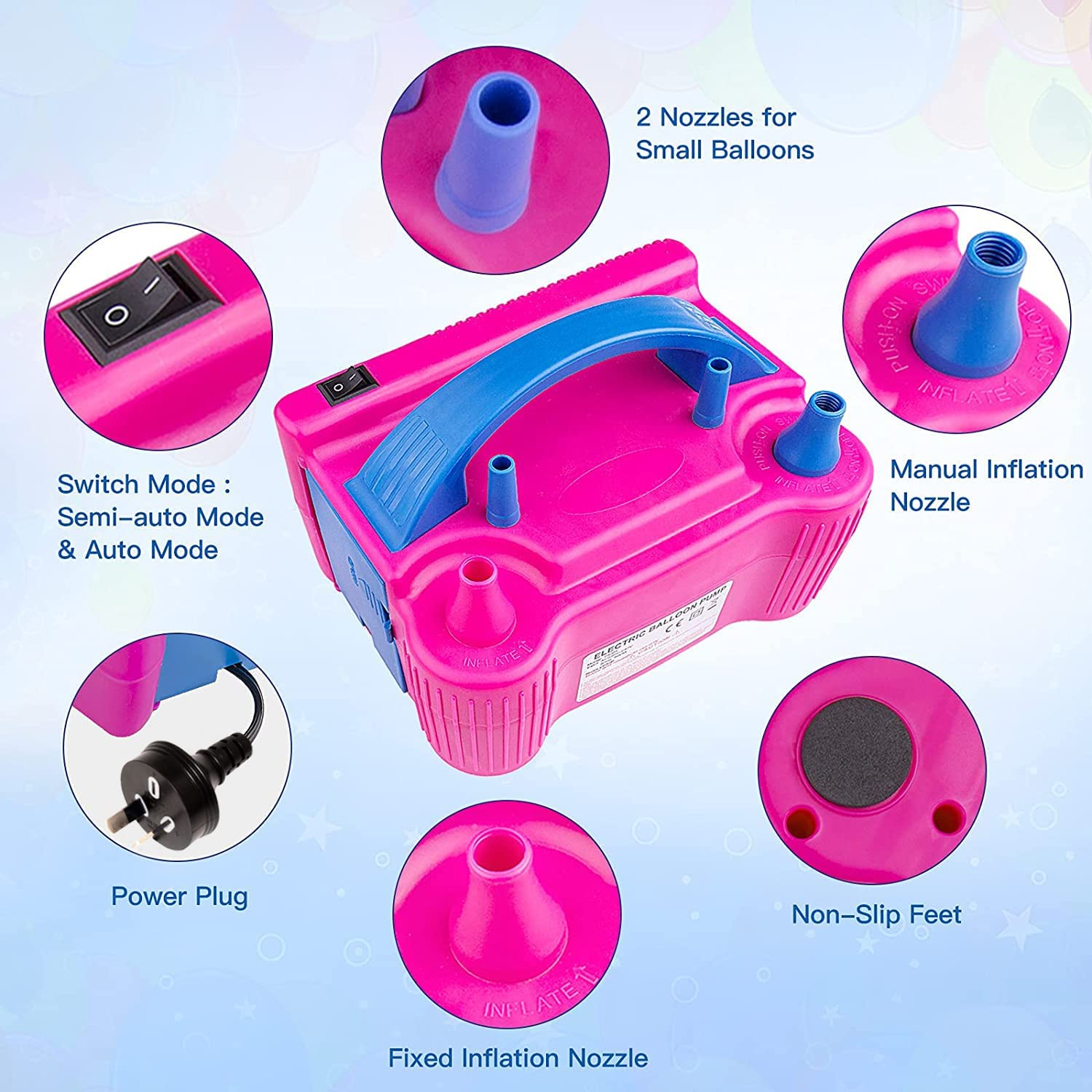 Electric Air Balloon Pump, Portable Balloon Inflator with 100 PCS Macaron Balloons, Tying Tools, 20 Flower Clips, Tape Strip and Dot Glues Balloon Blower for Garland Party Birthday Wedding Decorations image number 3