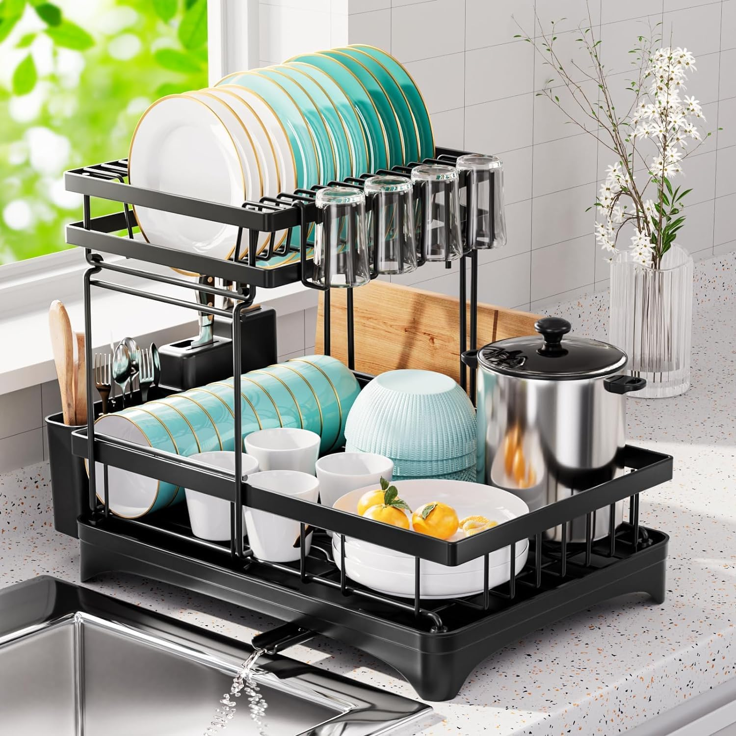 Jabykare 2-Tier Dish Drying Rack with 360&deg; Rotating Drainer Board, Strong Carbon Steel Dish Drainer with Cutlery Utensil Rack & Holders for Kitchen Storage & Organisation (Black) image number 1