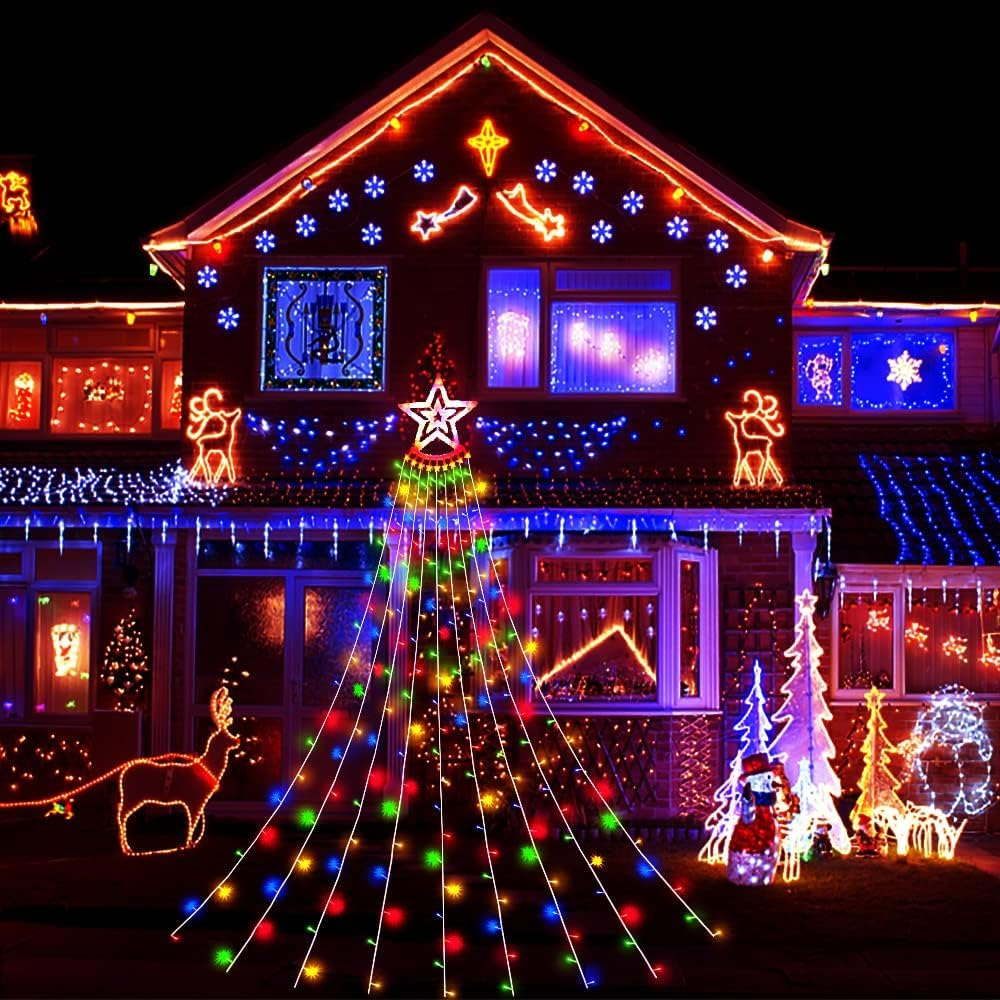 Outdoor Christmas Decorations Lights - Christmas Waterfall Star Lights with Star Toppers & SAA Approved Adapter, Multi-Color 8 Modes Lights Gifts for Yard Patio Holiday Xmas Decorations image number 5