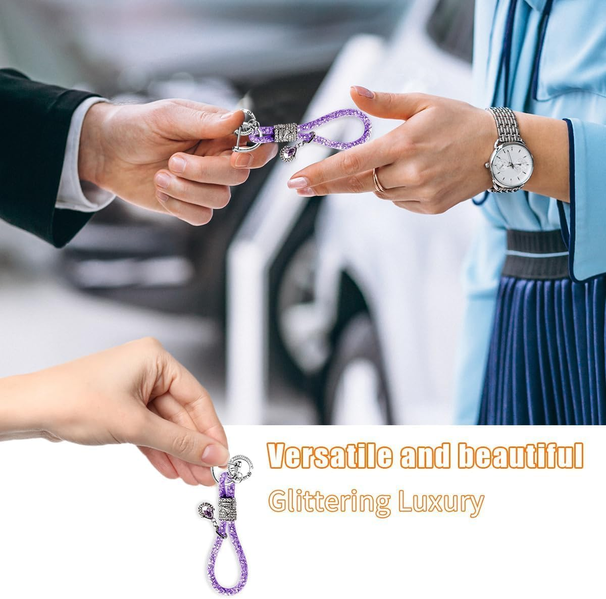 Bling Car Keychain, Glitter Crystal Keychain Ring Strap with D-Ring, Vehicle Key Decor Accessories for Women and Girls (Purple) image number 2