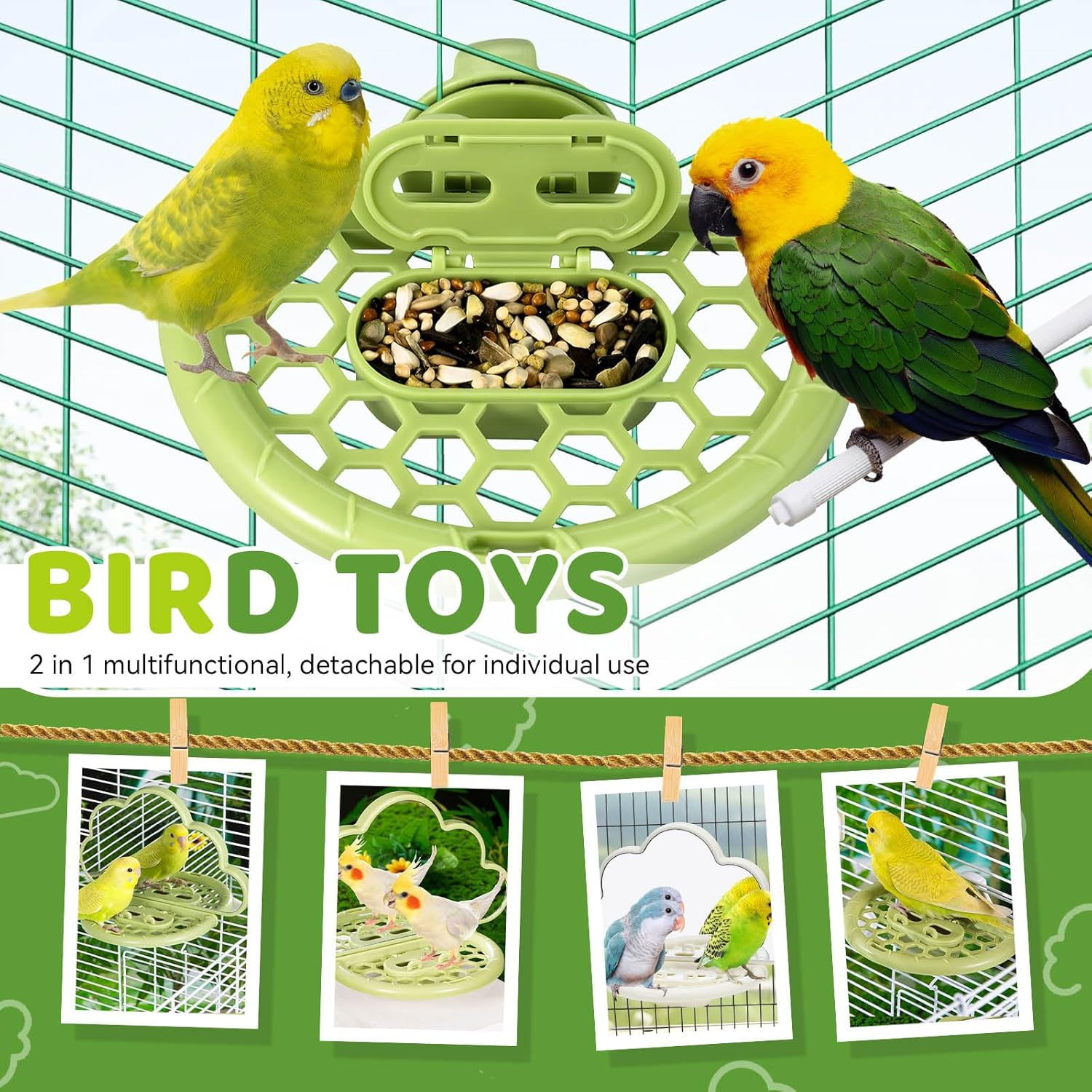 Bird Mirror, Bird Cage Mirror, Bird Toy Bird Cage Mirror for Parakeets, Bird Cage Feeders, Bird Perches for Cage, Bird Cage Accessories (Beige, Green) 2 Pack image number 2