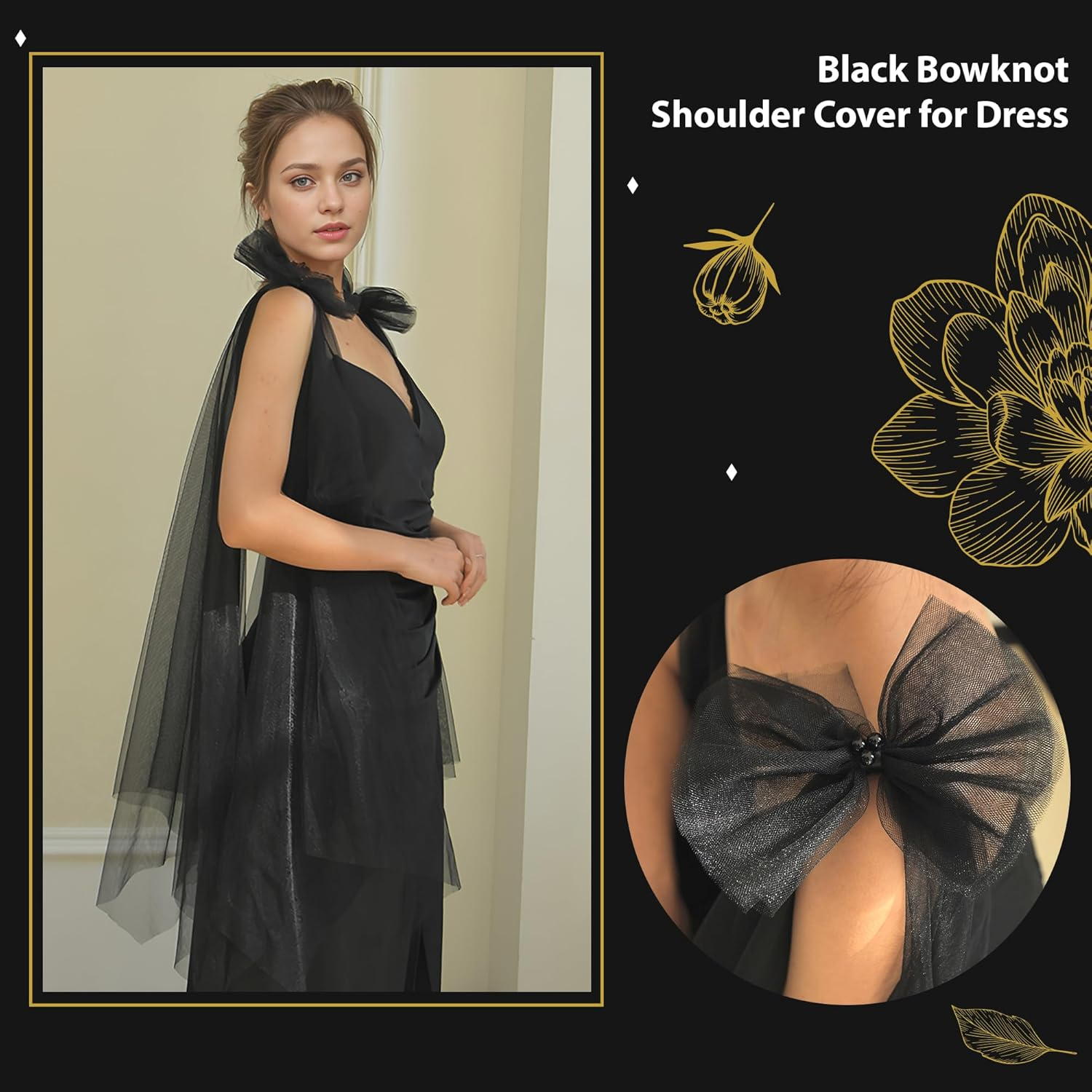 YAEISM Black Shoulder Cover for Dress Long Bow Dress Cover up Formal Detachable Tulle Wedding Shawl Evening Dresses for Women and Girls
