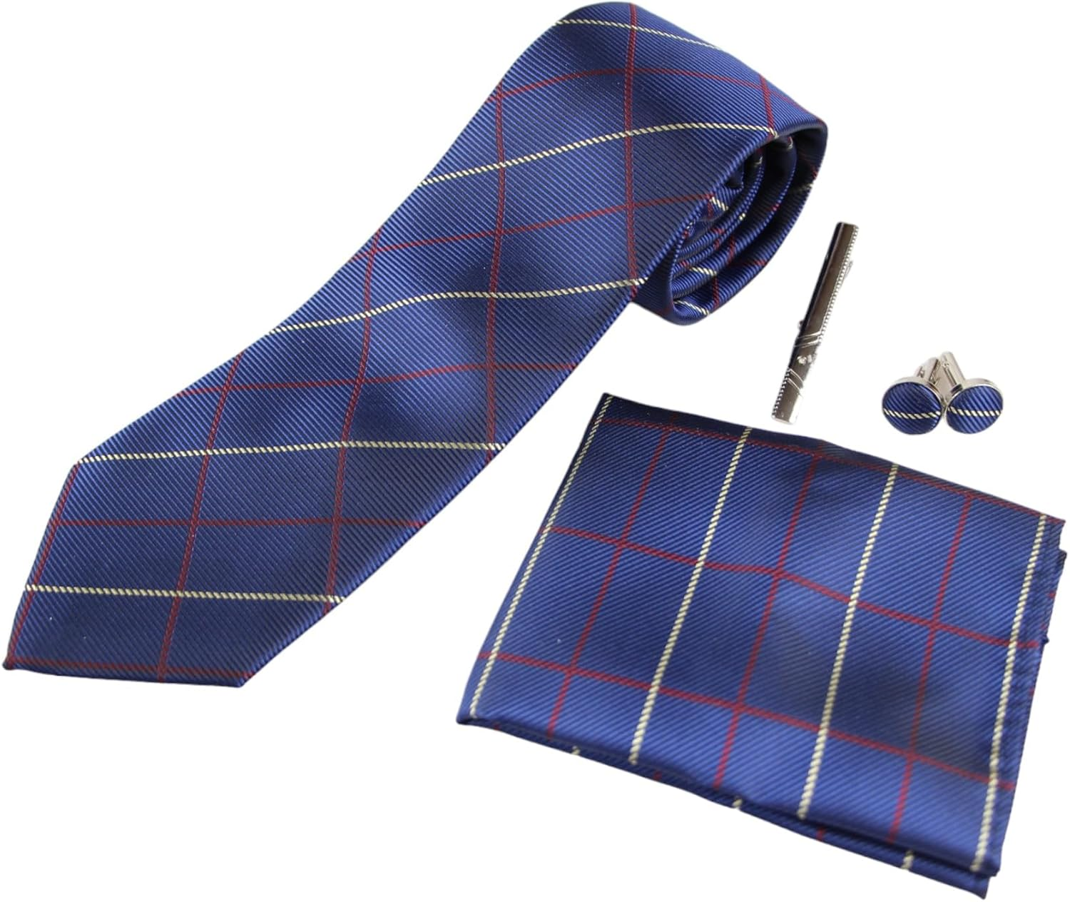 Mens Navy & Maroon Checkered Matching Neck Tie, Pocket Square, Cuff Links and Tie Clip Set Navy, Maroon, Light Yellow