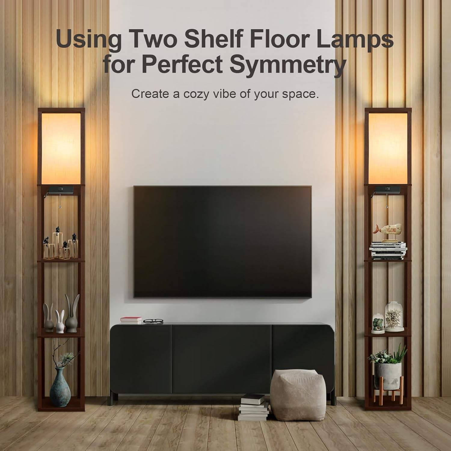 OUTON Floor Lamp with Shelves, LED Column Modern Floor Lamp with USB & Type C Port, 3 Color Temperatures, Wooden Standing Lamp with White Linen Shade for Living Room Bedroom Office (Walnut Brown) image number 6