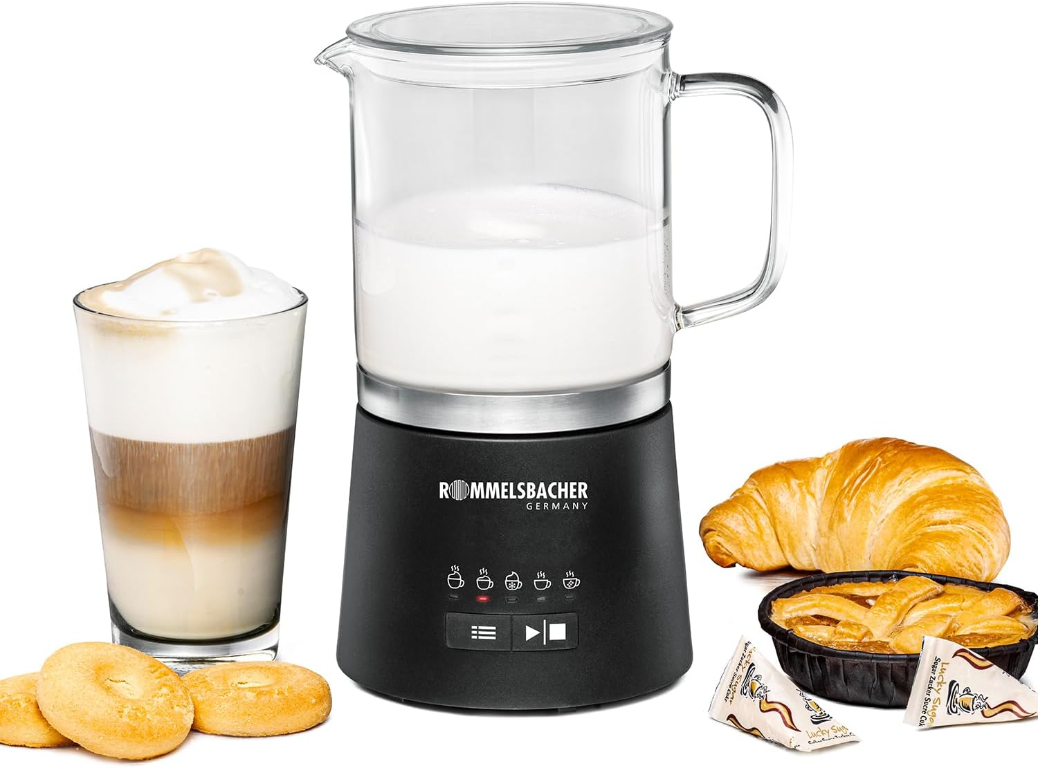 ROMMELSBACHER MS 625 Electric Milk Frother, 500 Ml for Mixing, Glass Jug, 250 Ml for Foaming, 5 Programmes, Hot & Cold Foam or Stir