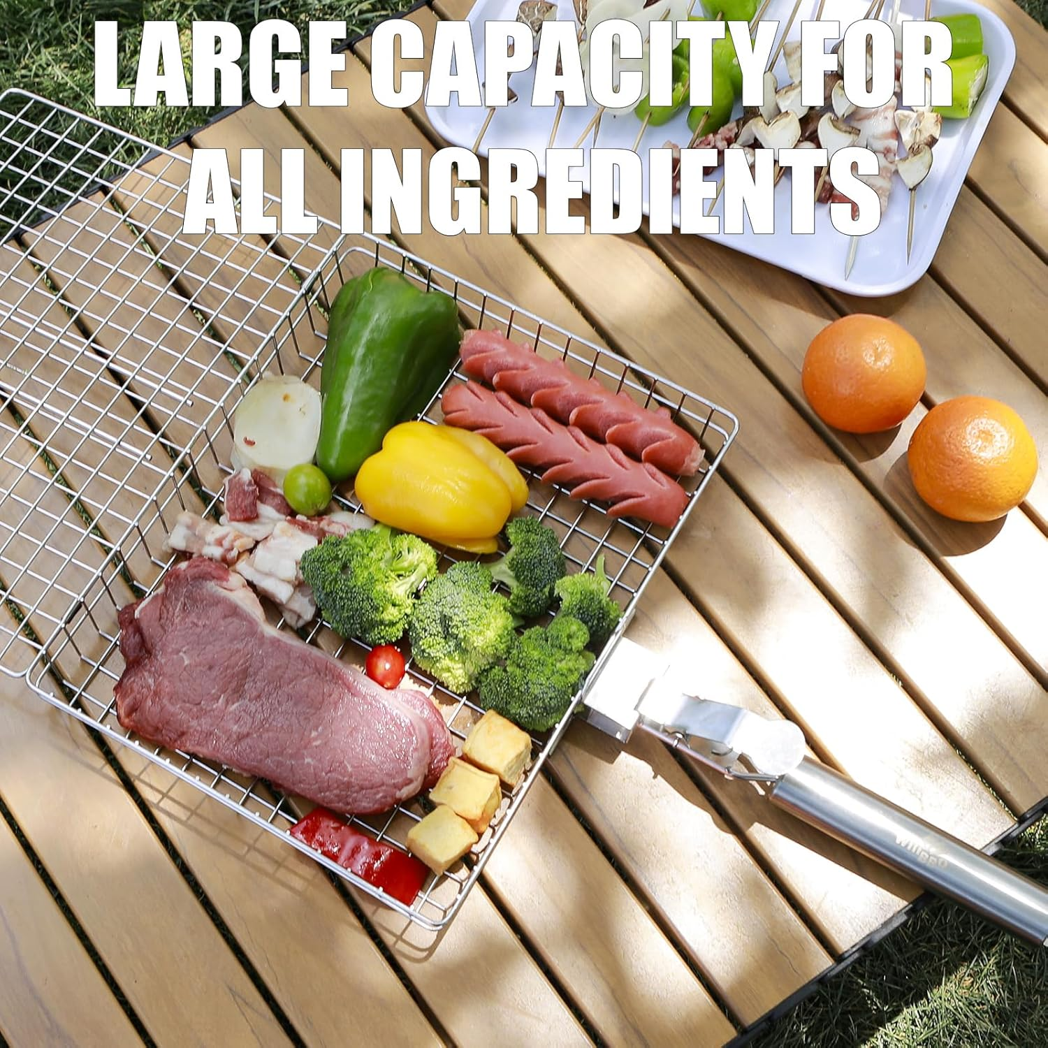 Willbbq Multi-Function BBQ Basket &ndash; Portable Large Stainless Steel Grill Basket with Removeable Handle, Perfect for Outdoor Cooking, BBQ, Kitchen Use image number 3